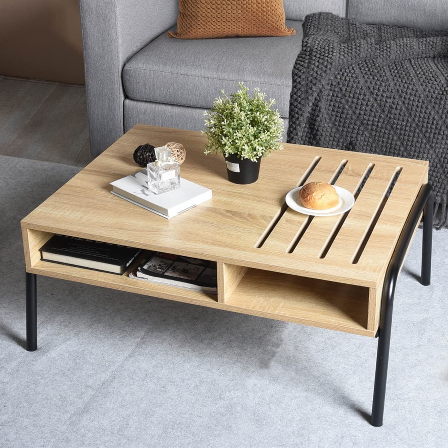 Amazon: Furniturer Modern Coffee Table With Open Storage Shelf,  Rectangle Tabletop Wood Tea Cocktail Living Room Center Table, Oak : Home &  Kitchen For Most Popular Coffee Tables With Open Storage Shelves (View 4 of 10)