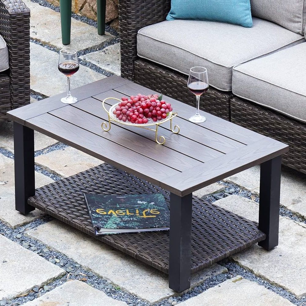 Amazon: Grand Patio Outdoor Coffee Table 40in Aluminum Steel Side Table  Modern Rectangle Fits With Conversation Set All Weather Resin Wicker  Storage Shelf Wood Grain Finish Tabletop : Patio, Lawn & Garden Regarding Most Up To Date Modern Outdoor Patio Coffee Tables (View 2 of 10)