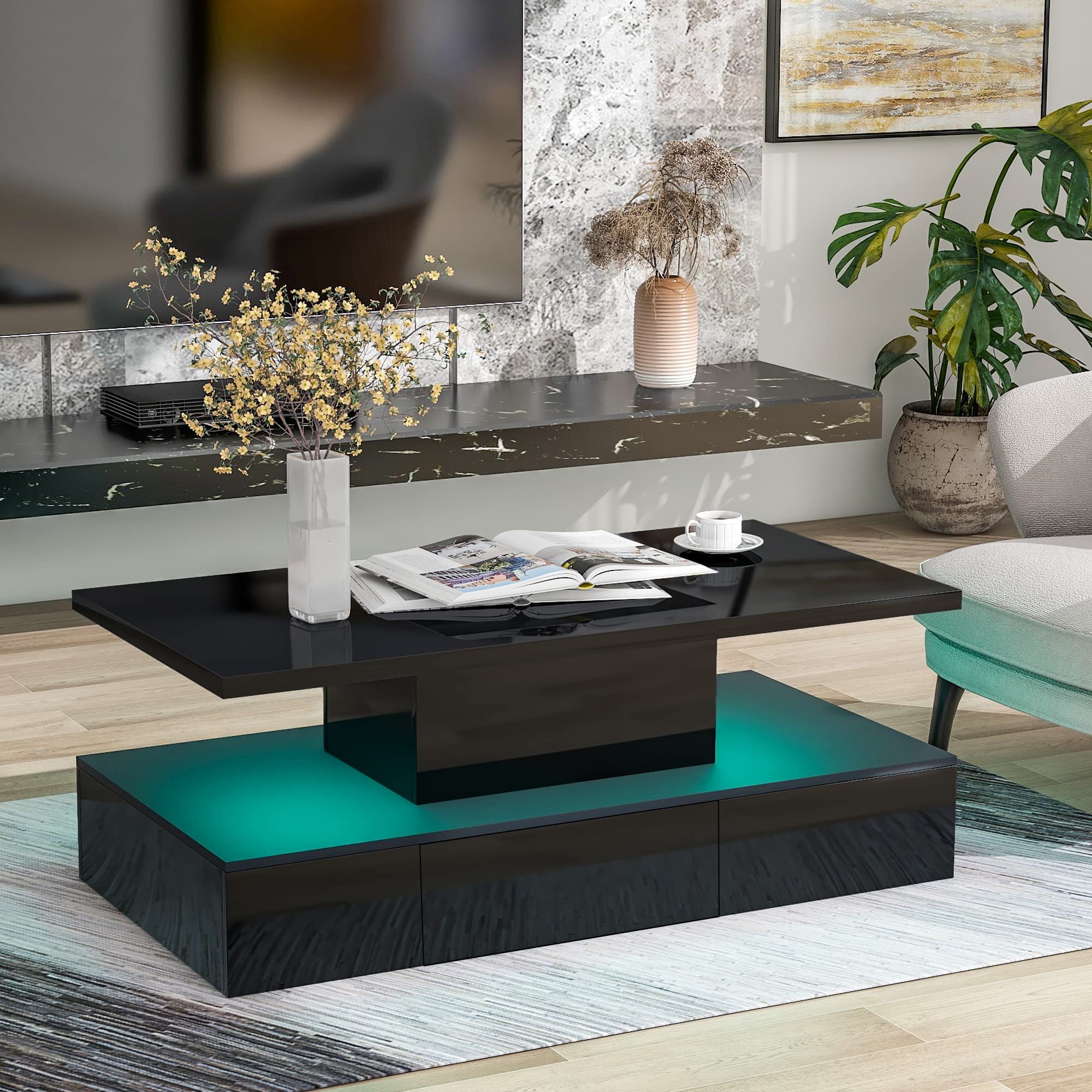 Amazon: High Gloss Coffee Table With Storage Drawer, Modern Led Coffee  Table, 2 Tier Rectangle Center Table,  (View 5 of 10)
