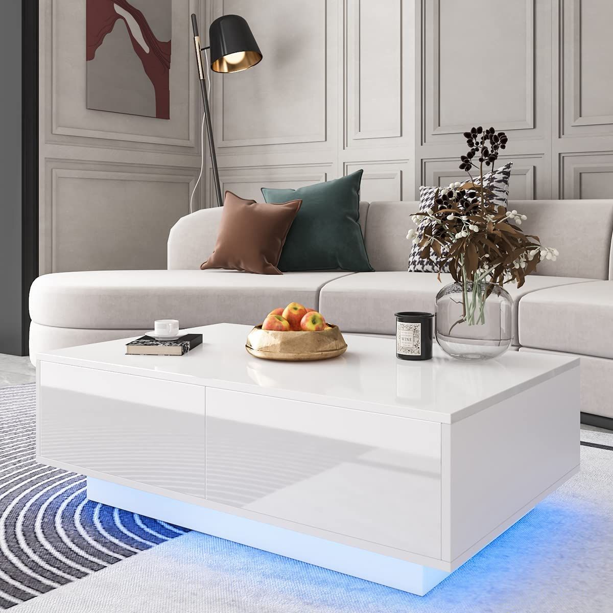 Amazon: Hommpa Led Coffee Tables For Living Room Modern White Coffee  Table With 4 Drawers High Glossy Center Table With Storage Sofa Side  Cocktail Table With 16 Colors Led Lighting White : Throughout Recent Led Coffee Tables With 4 Drawers (Photo 1 of 10)