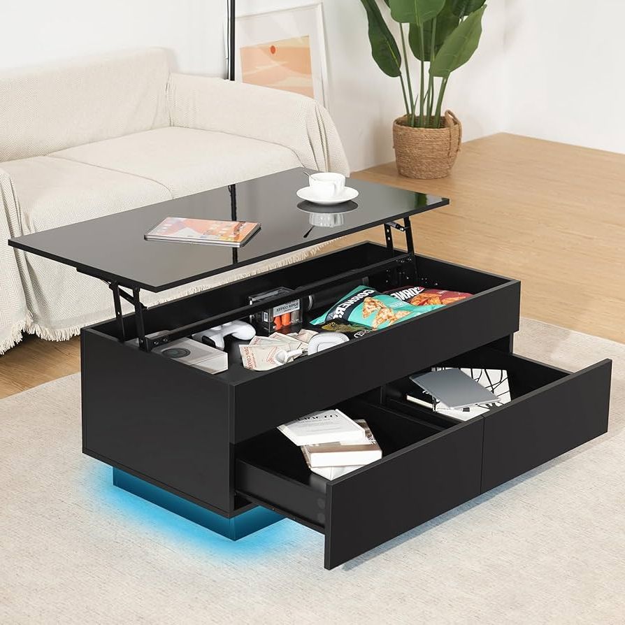 Amazon: Hommpa Lift Top Coffee Table With Hidden Storage Led Coffee  Table Morden High Gloss Black Living Room 3 Tiers Modern Tea Table With  Storage Center Tables Hidden Compartment & 2 Drawers : Within Best And Newest Lift Top Coffee Tables With Storage (View 7 of 10)