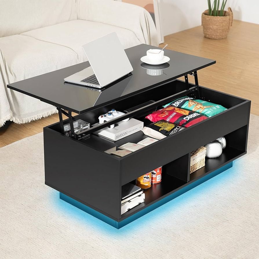 Amazon: Hommpa Lift Top Coffee Table With Hidden Storage Led Coffee  Table Morden High Gloss Black Living Room 3 Tiers Modern Tea Table With  Storage Center Tables Hidden Compartment & 2 Open Throughout Most Popular Lift Top Coffee Tables With Hidden Storage Compartments (Photo 2 of 10)