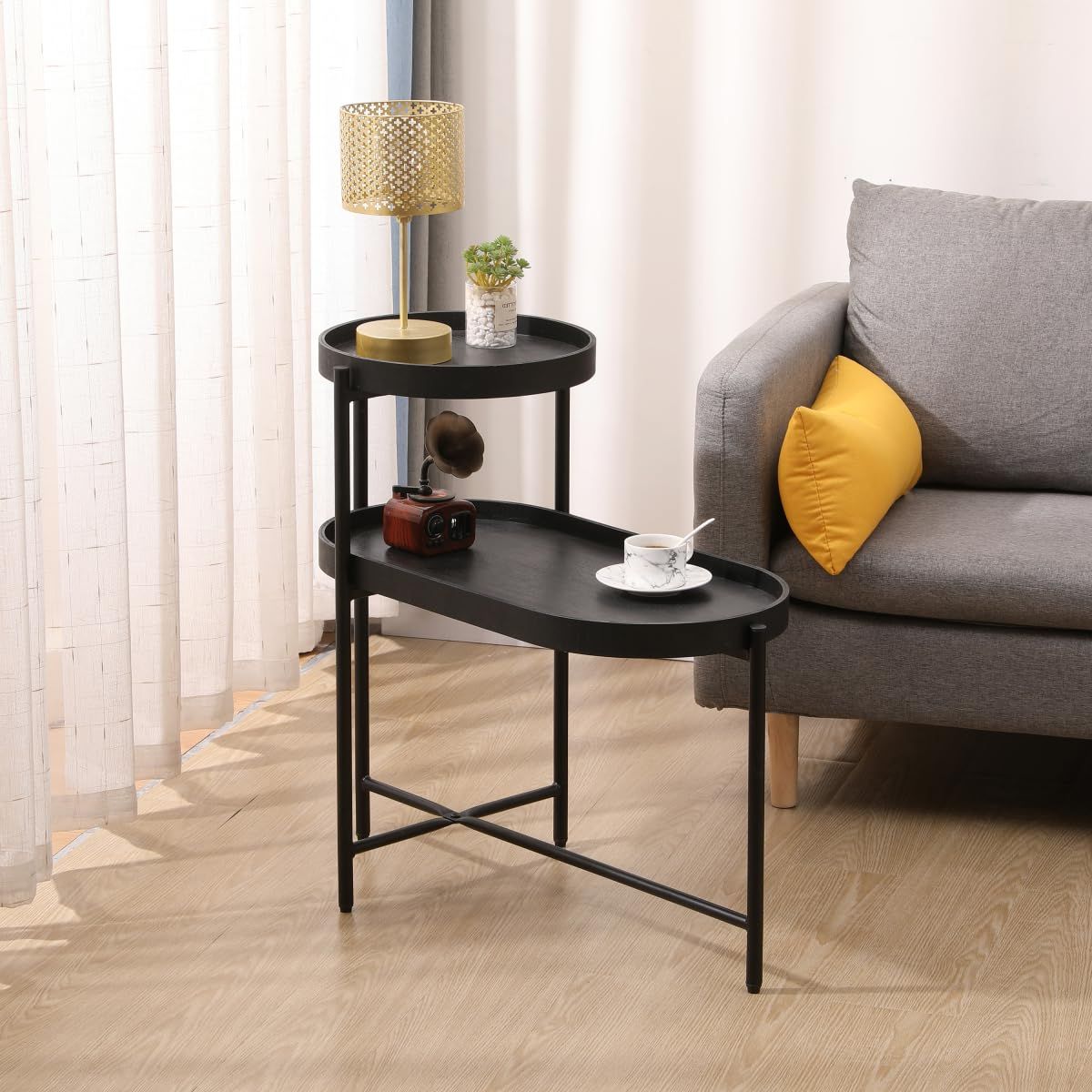 Amazon: Horunzelin Modern 2 Tier End Table,round And Oval Side Tables  For Living Room Small Spaces,metal Frame,wood Tray,rustic Snack Accent Table,black  : Home & Kitchen For Most Recent Metal Side Tables For Living Spaces (Photo 1 of 10)