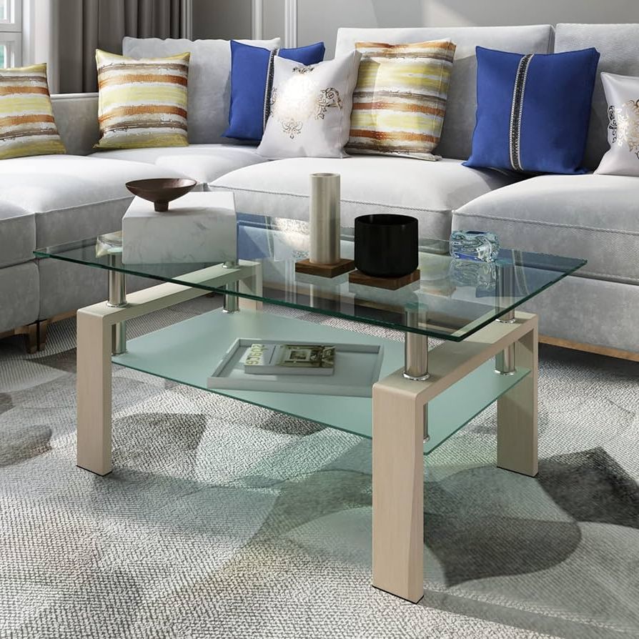 Amazon: Living Room Glass Coffee Tables Modern Rectangle Center Side  Table W/storage Shelf, Metal Tube Legs & 8mm Thickness Clear Tempered  Glass, Tiny Home Furniture For Living Room Reception Room : Home Throughout Recent Clear Rectangle Center Coffee Tables (Photo 3 of 10)