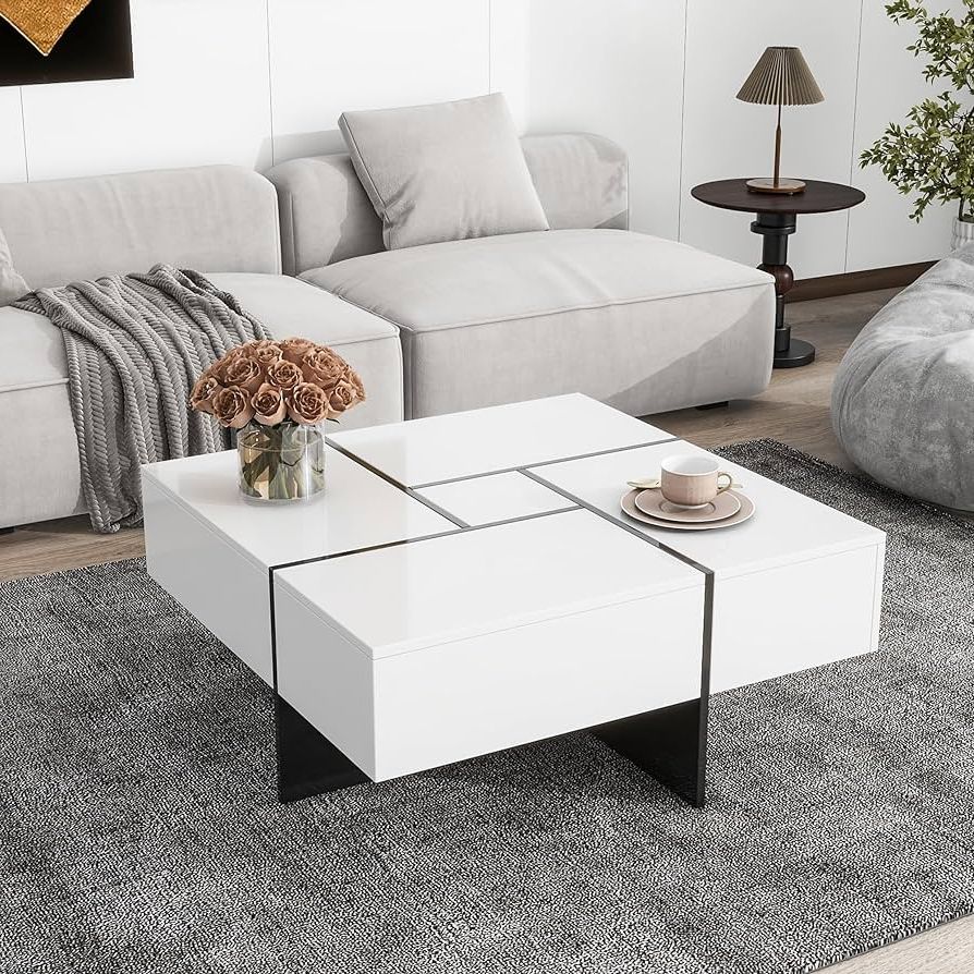 Amazon: Merax Coffee Table, Modern Extendable Coffee Table With 4 Hidden  Storage Compartments, Uv High Gloss Square Center Cocktail Table With  Sliding Tabletop For Living Room, 31.5"x 31.5" (white) : Home & Kitchen Intended For Current Modern Coffee Tables With Hidden Storage Compartments (Photo 10 of 10)