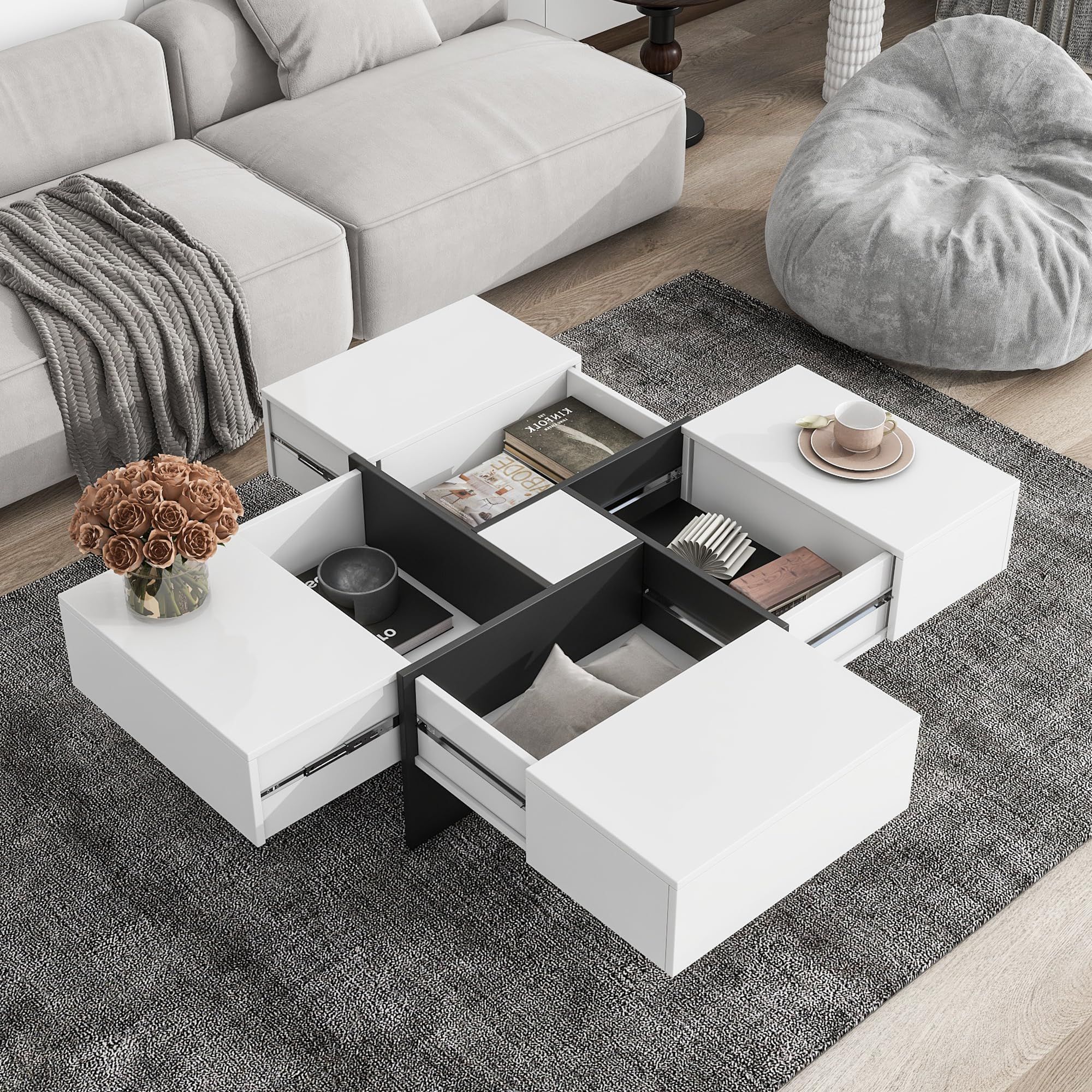 Amazon: Merax Modern Square Coffee Table With 4 Hidden Storage  Compartments, Uv High Gloss Design For Living Room, White : Home & Kitchen In Most Recently Released Modern Coffee Tables With Hidden Storage Compartments (View 2 of 10)