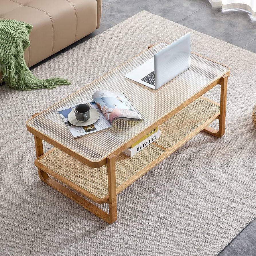 Amazon: Nyeess Rattan Coffee Table With Tempered Glass Top,wood Coffee  Table For Living Room,glass Top Coffee Table With Imitation Rattan Storage  Shelf, Rectangle Coffee Table For Living Room : Home & Kitchen With Most Current Wood Tempered Glass Top Coffee Tables (Photo 7 of 10)