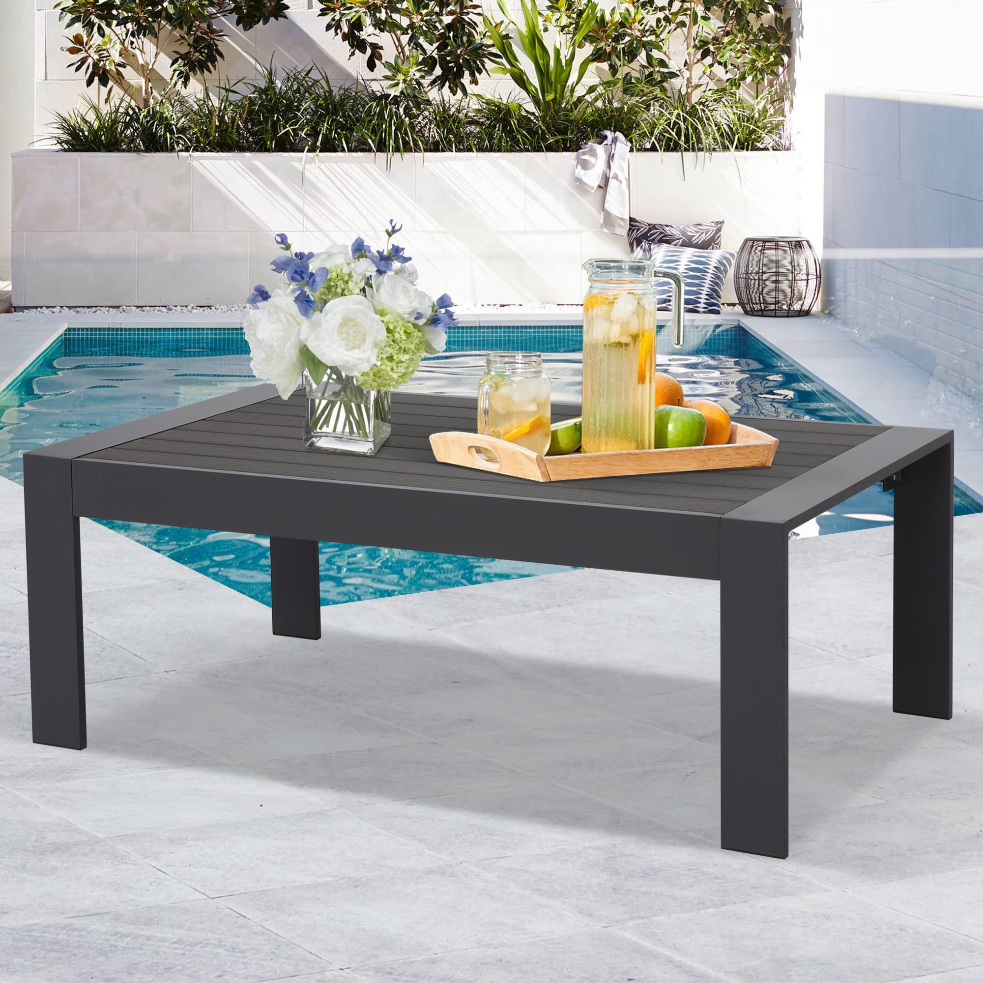 Amazon: Odoor Direct Outdoor Coffee Table For Patio, Aluminum Patio  Coffee Table With Imitation Wood, Metal Modern Coffee Table For Balcony,  Backyard, Porch, Dark Grey : Patio, Lawn & Garden Pertaining To Well Known Modern Outdoor Patio Coffee Tables (Photo 4 of 10)