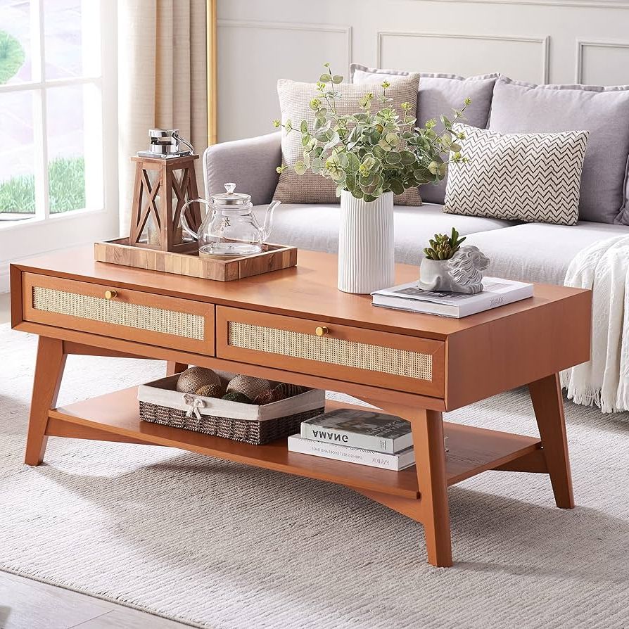 Amazon: Okd 48" Coffee Table With Natural Rattan Drawers, Mid Century  Modern 2 Tier Center Table With Open Storage Shelf, Boho Rectangular Wood  Cocktail Table For Living Room, Cherry : Home & Kitchen For Recent Mid Century Modern Coffee Tables (Photo 6 of 10)