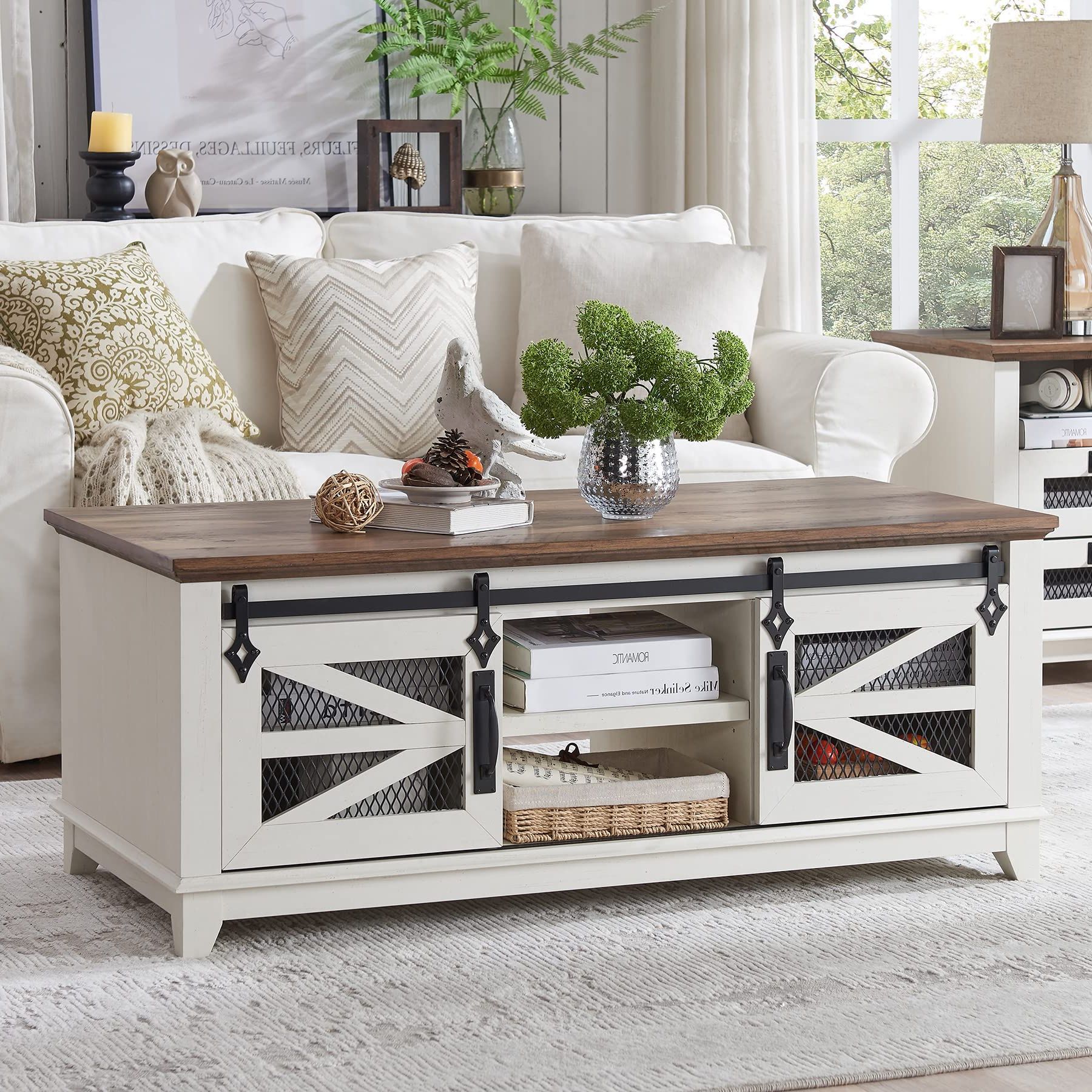 Amazon: Okd 48'' Coffee Table With Storage & Sliding Barn Doors,  Farmhouse & Industrial Cocktail Table W/adjustable Shelves, Modern  Rectangular Rustic Living Room, Meeting Room, Antique White : Home & Kitchen With Well Known Coffee Tables With Sliding Barn Doors (Photo 1 of 10)