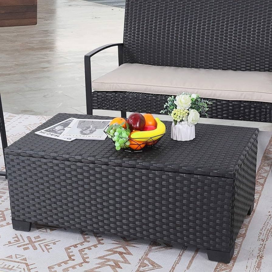 Amazon: Patio Coffee Table With Storage Wicker Outdoor Coffee Table And  All Weather Rattan Side Table With Waterproof Cover, Black : Patio, Lawn &  Garden With Current 4pcs Rattan Patio Coffee Tables (View 7 of 10)