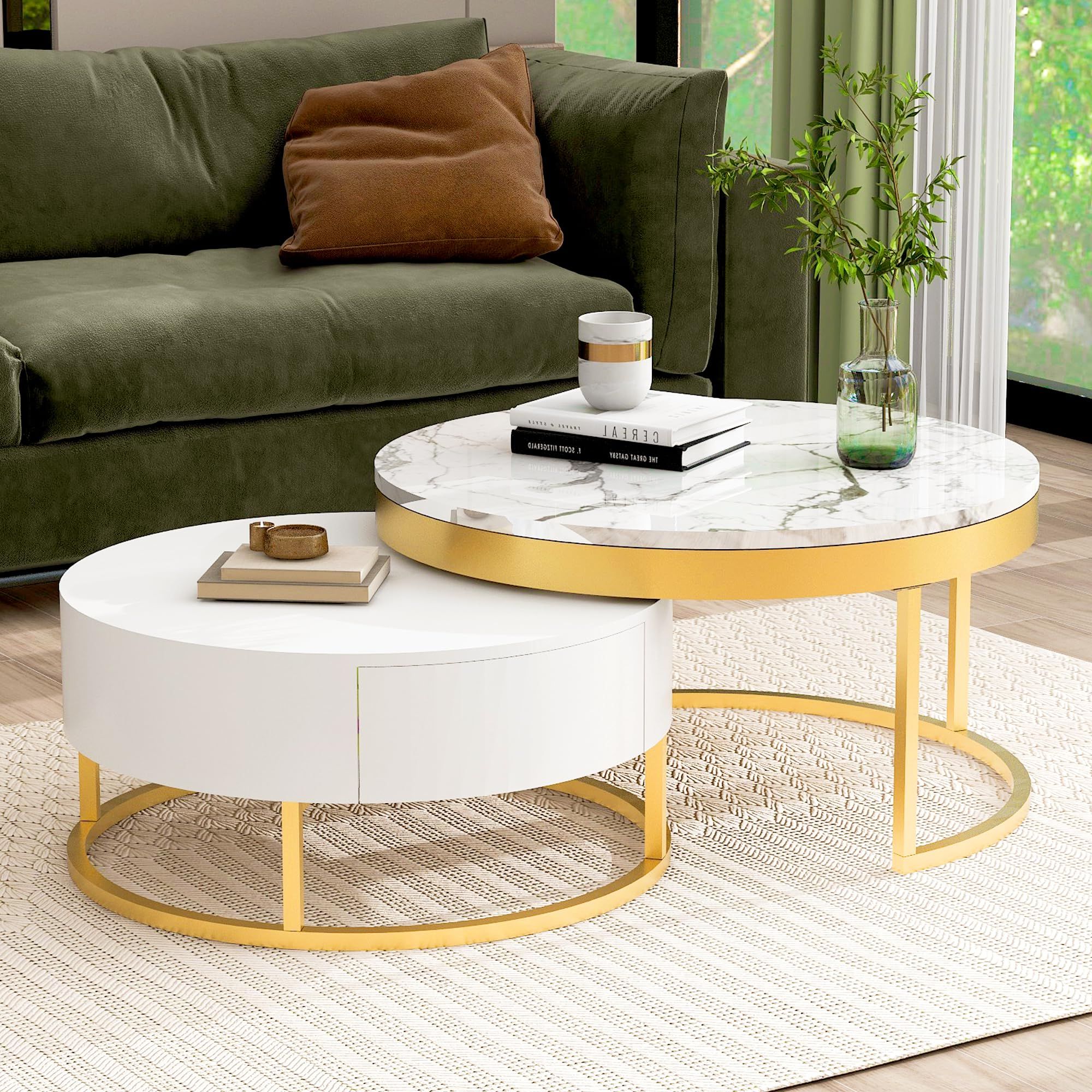 Amazon: Round Coffee Table Set Of 2, Nesting Tables For Living Room  With 2 Drawers, Modern Gold Nesting Coffee Table With Faux Marble Top, Gold  Metal Frame, White : Home & Kitchen With Regard To Latest Modern Round Faux Marble Coffee Tables (View 3 of 10)