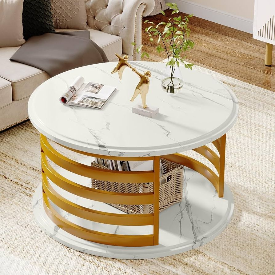 Amazon: Tribesigns Round Coffee Table, 31.5" High Gloss Coffee Tables  With White Faux Marble Top, Modern Wood Cocktail Table Circle Table With  Gold Metal Frame For Living Room : Home & Kitchen Regarding Most Up To Date Glossy Finished Metal Coffee Tables (Photo 1 of 10)