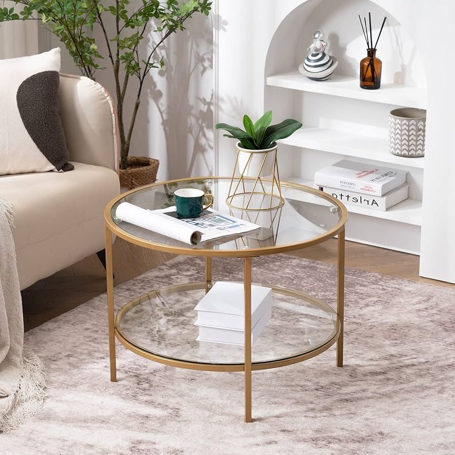 Amazon: Vingli 25.6" Round Gold Coffee Tables For Living Room, 2 Tier Glass  Top Coffee Table With Storage Clear Coffee , Simple & Modern Center Table  For Small Space : Home & Kitchen For Trendy Glass Top Coffee Tables (Photo 6 of 10)