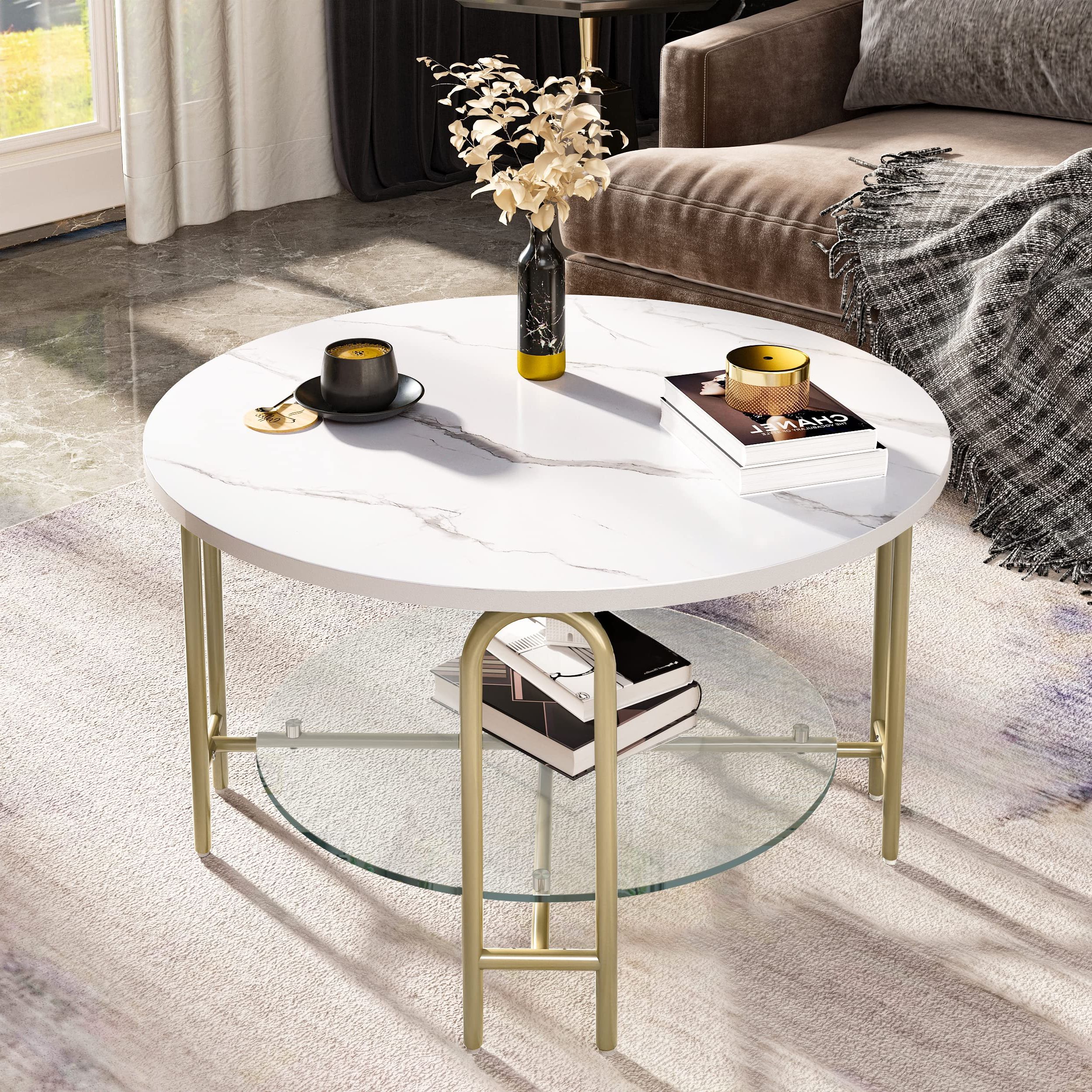 Amazon: Yitahome Round Coffee Table,white Faux Marble Coffee Tables For  Living Room,2 Tier Rustic Coffee Table With Storage Modern Home Furniture  With Open Shelf,marble,glass And Gold Brass : Home & Kitchen With Regard To Best And Newest Modern Round Faux Marble Coffee Tables (View 6 of 10)