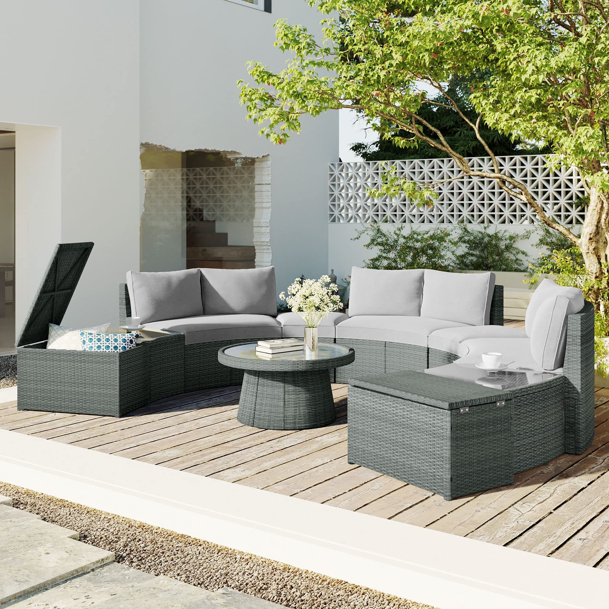Amazon: Yswh 10 Piece Outdoor Half Moon Sofa Set, Rattan Patio  Furniture Half Round Sofa Set With Round Table And Storage Stools,  Sectional Conversational Sofa Set For Free Combination : Patio, Lawn & Pertaining To Trendy Outdoor Half Round Coffee Tables (View 3 of 10)
