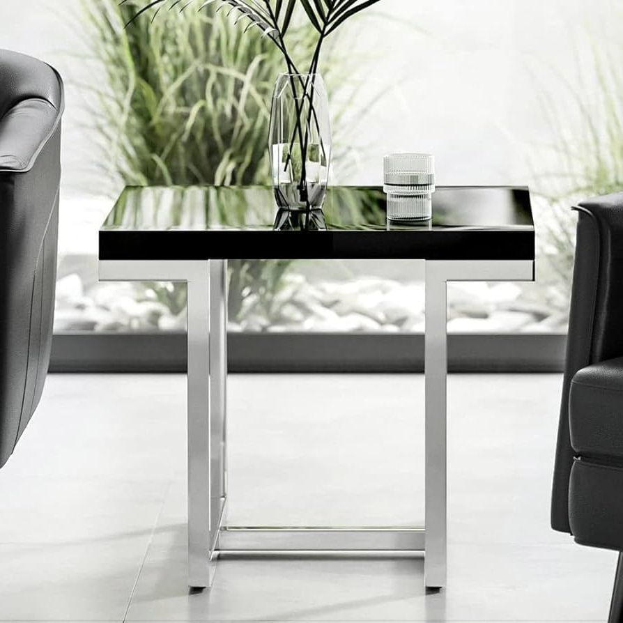 Amazon: Zuri Furniture Modern Straz End Table Glossy Black Lacquer Top  Polished Stainless Steel Base : Home & Kitchen Within Well Known Glossy Finished Metal Coffee Tables (Photo 7 of 10)