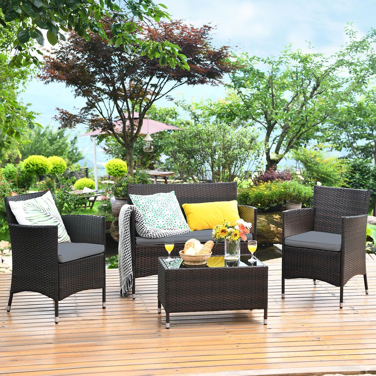 Best And Newest 4pcs Rattan Patio Furniture Set Cushioned Sofa Chair Coffee Table Garden  Grey (Photo 8 of 10)