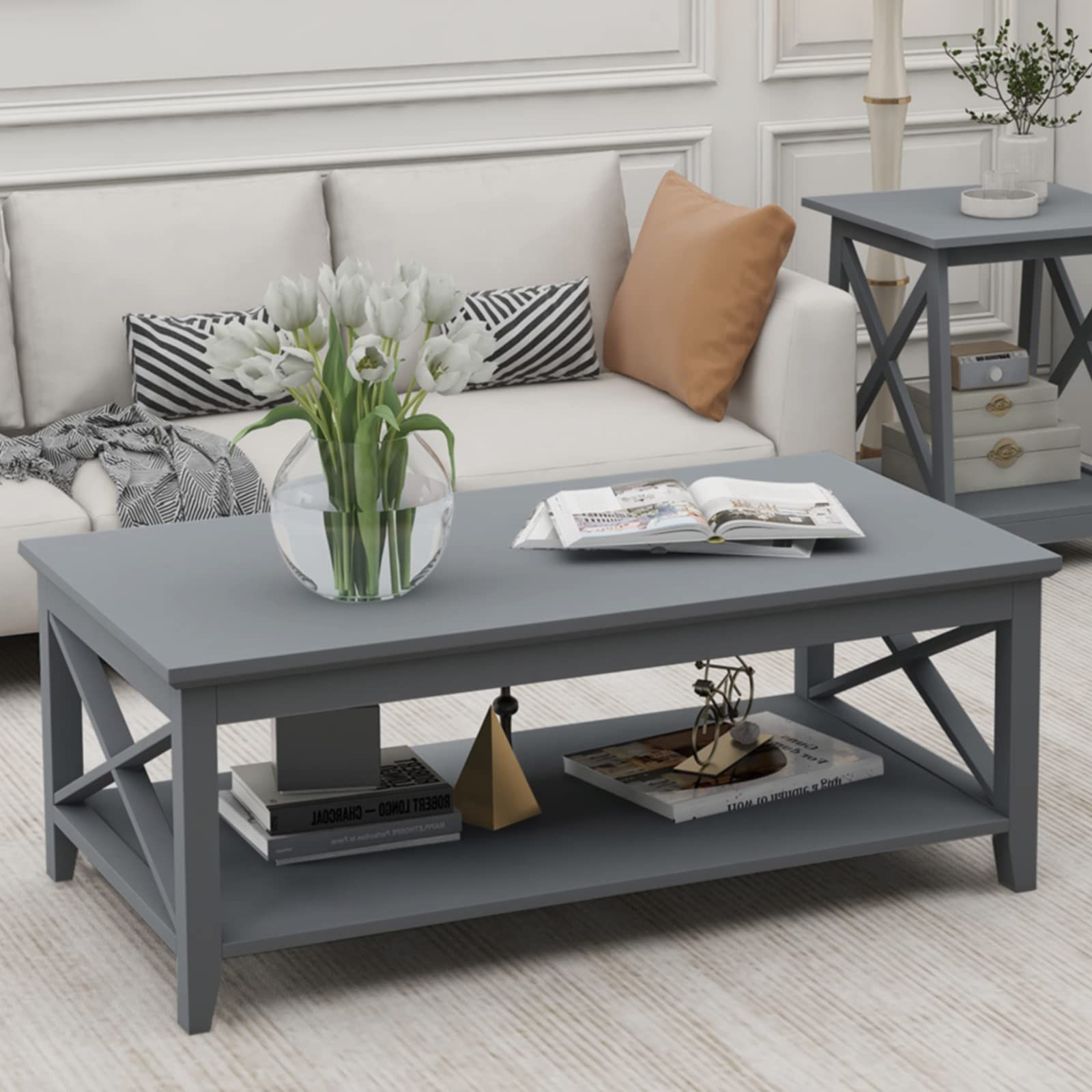 Best And Newest Amazon: Choochoo Coffee Table Classic X Design For Living Room,  Rectangular Modern Cocktail Table With Storage Shelf, 39 Inch (grey) : Home  & Kitchen In Modern Wooden X Design Coffee Tables (View 5 of 10)