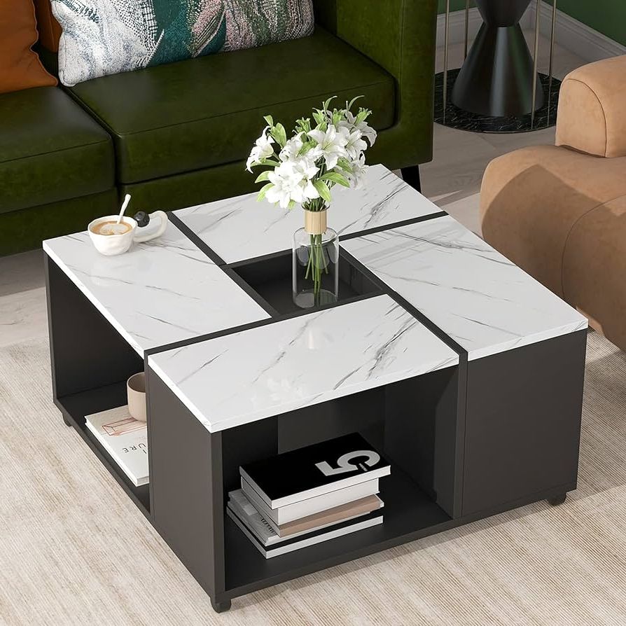 Best And Newest Glossy Finished Metal Coffee Tables Throughout Amazon: Modern Square Coffee Table With Casters, 2 Layer Cocktail Table  With Removable Tray Living Room Center Table With Metal Frame And High Gloss  Marble Finish Simply Assemble Square Tables, White+black : Home (View 9 of 10)