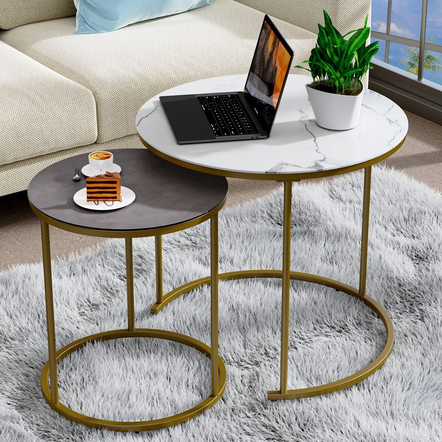 Best And Newest Waterproof Coffee Tables Intended For Amazon: Moncot Modern Nesting Round Coffee Tables Set Of 2 Tempered  Glass Faux Marble Finished Texture & Dark Gray Finish Top Waterproof  Outdoor And Indoor Nested End Tables Stacking Table : Home (View 3 of 10)