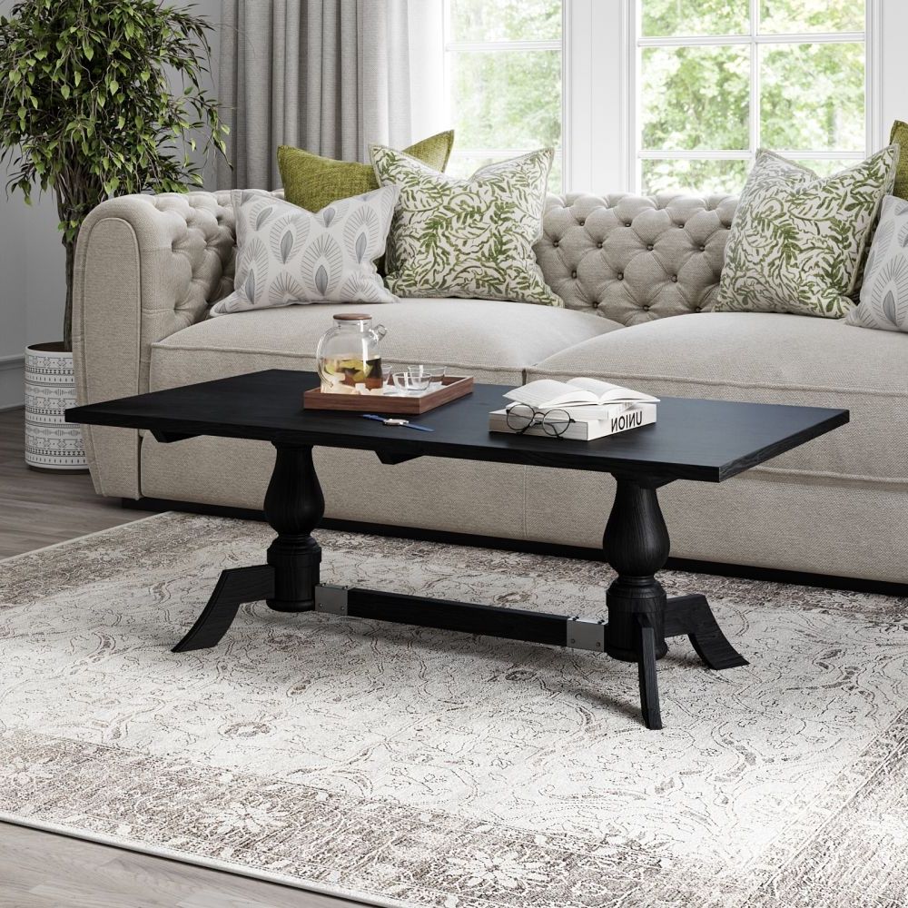 Clemence Black Painted Coffee Table, Solid Mango Wood Rectangular Top With  Double Pedestal Balustrade Base Pertaining To Well Liked Rectangular Coffee Tables With Pedestal Bases (View 8 of 10)