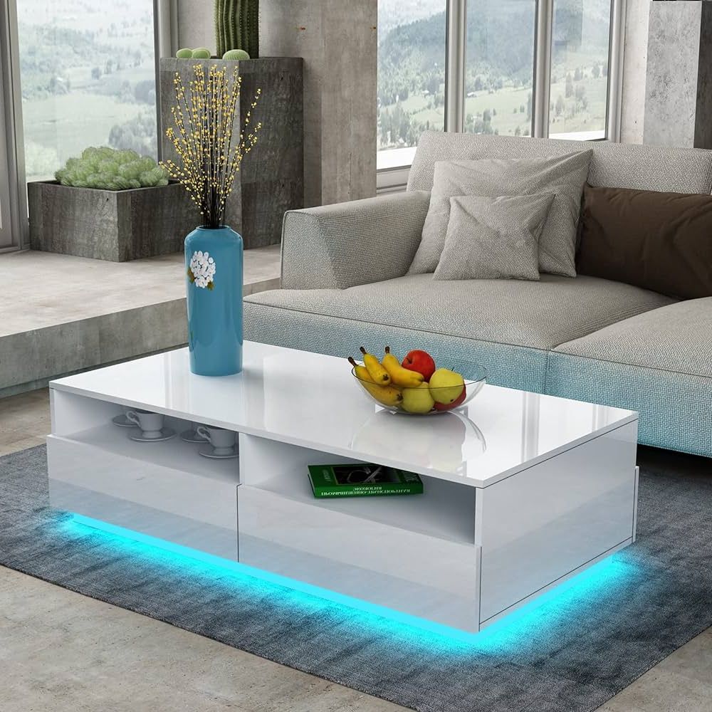Coffee Table For Living Room,led Side Table Modern Wooden Centre Table,white  Gloss Coffee Tables With 4 Drawer Storage For Home: Buy Online At Best  Price In Uae – Amazon.ae For Widely Used Led Coffee Tables With 4 Drawers (Photo 3 of 10)