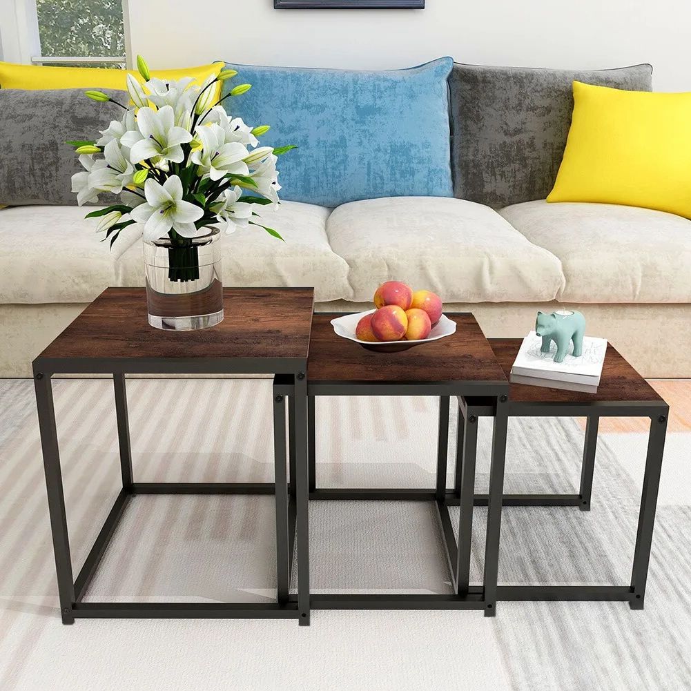 Coffee Tables Of 3 Nesting Tables For Most Recently Released Set Of 3 Nesting Coffee Tables Wooden Top Square Side Tables With Metal  Frame Uk (View 8 of 10)