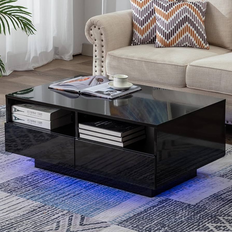Coffee Tables With Drawers And Led Lights With Trendy Amazon: Led Coffee Table With Storage Drawers, High Glossy Coffee Table  With Led Lights For Living Room, Modern Living Room Center Table  Rectangular, Black : Everything Else (Photo 3 of 10)