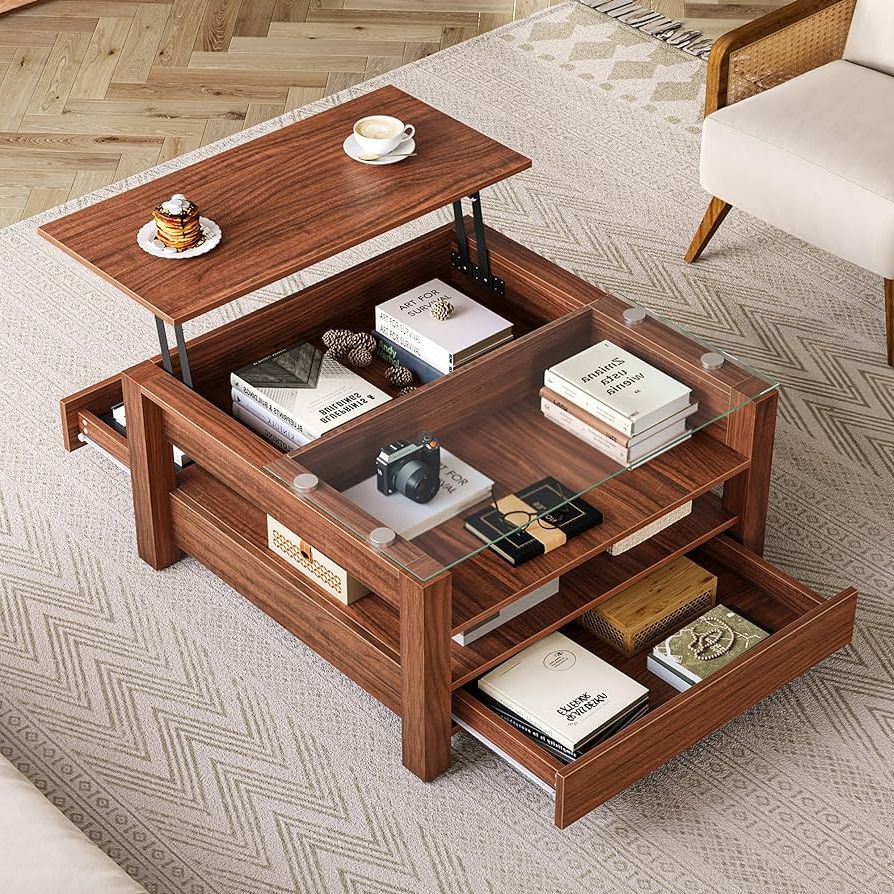 Coffee Tables With Hidden Compartments Within Popular Amazon: Dwvo Lift Top Coffee Tables, Square Coffee Table With Drawers  And Hidden Compartment, Mid Century Retro Central Coffee Table With Glass  Lift Tabletop For Living Room, Brown Walnut : Home & (Photo 6 of 10)