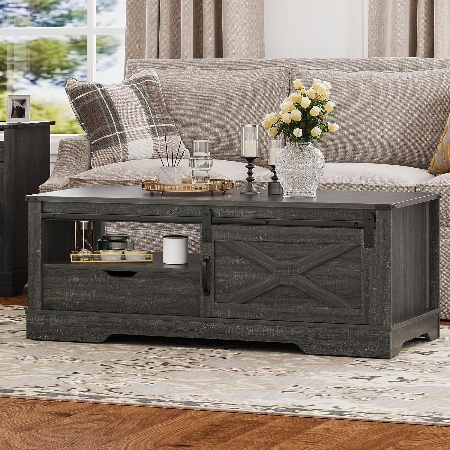 Coffee Tables With Sliding Barn Doors With Well Known Farmhouse Coffee Table With Storage Cabinets And Sliding Barn Door, 48''  Rustic Living Room Table , Rectangular Center Table , Rustic Dark Grey –  Walmart (Photo 7 of 10)