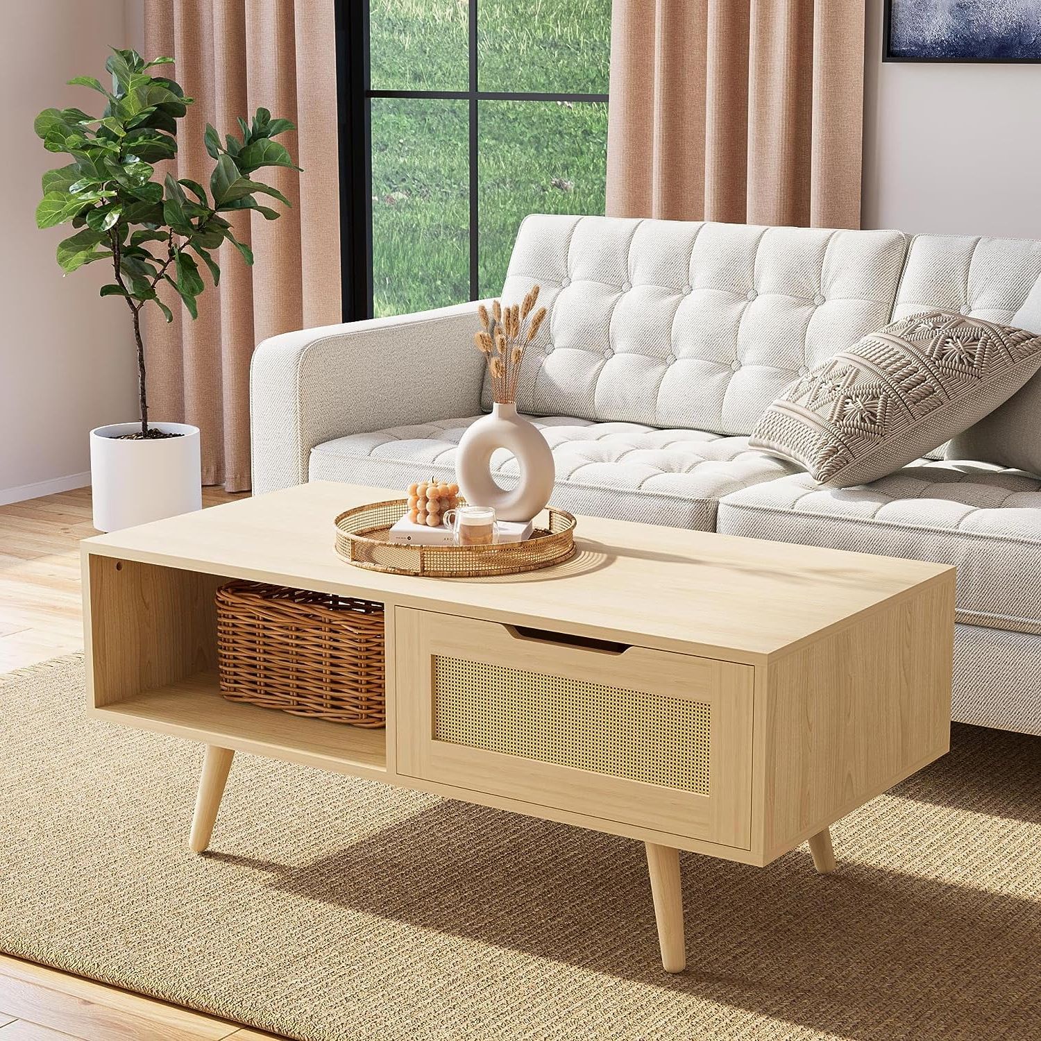 Coffee Tables With Solid Legs With Latest Cozy Castle Boho Coffee Table With Storage, 39'' Rattan Living Room Tables  With Solid Legs, Mid Century Modern Coffee Table For Living Room, Oak –  Walmart (Photo 2 of 10)