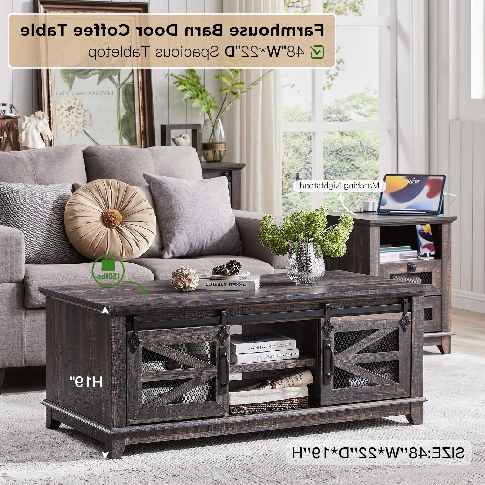Coffee Tables With Storage And Barn Doors For Trendy Amazon: Okd 48'' Coffee Table With Storage & Sliding Barn Doors,  Farmhouse & Industrial Center Table W/adjustable Shelves For Living Room,  Rectangular Black Rustic Cocktail Table W/2 Cabinets, Dark Rustic Oak : (Photo 3 of 10)