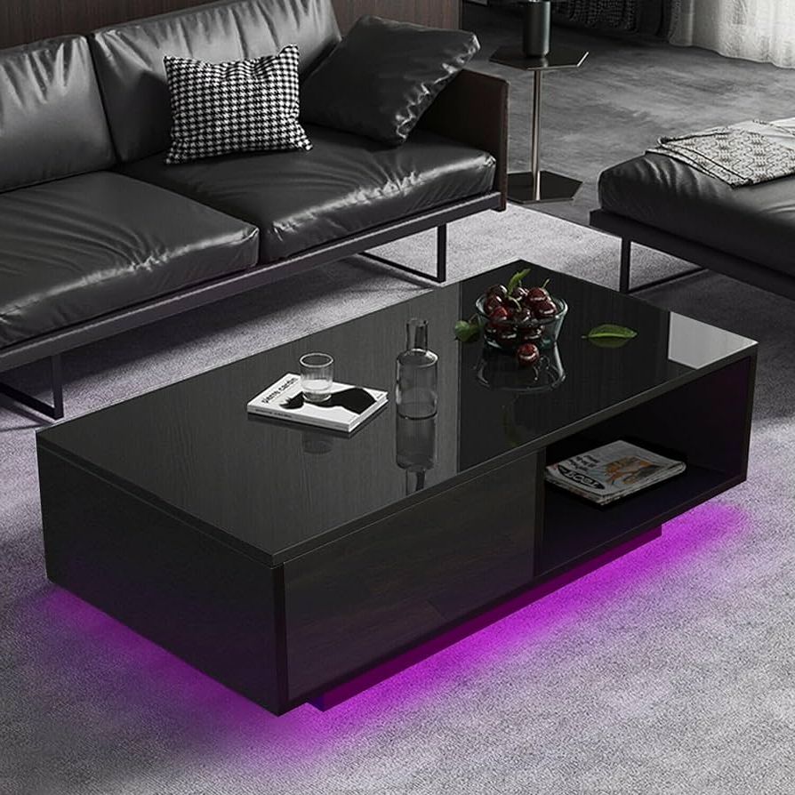 Current Amazon: Cosvalve High Gloss Led Coffee Table With Drawer & 16 Colors Led  Lights, Modern Living Room Coffee Table With Storage Space, Rectangle Sofa  Side Central Table, Black (aa Battery) : Home Regarding Coffee Tables With Drawers And Led Lights (Photo 1 of 10)