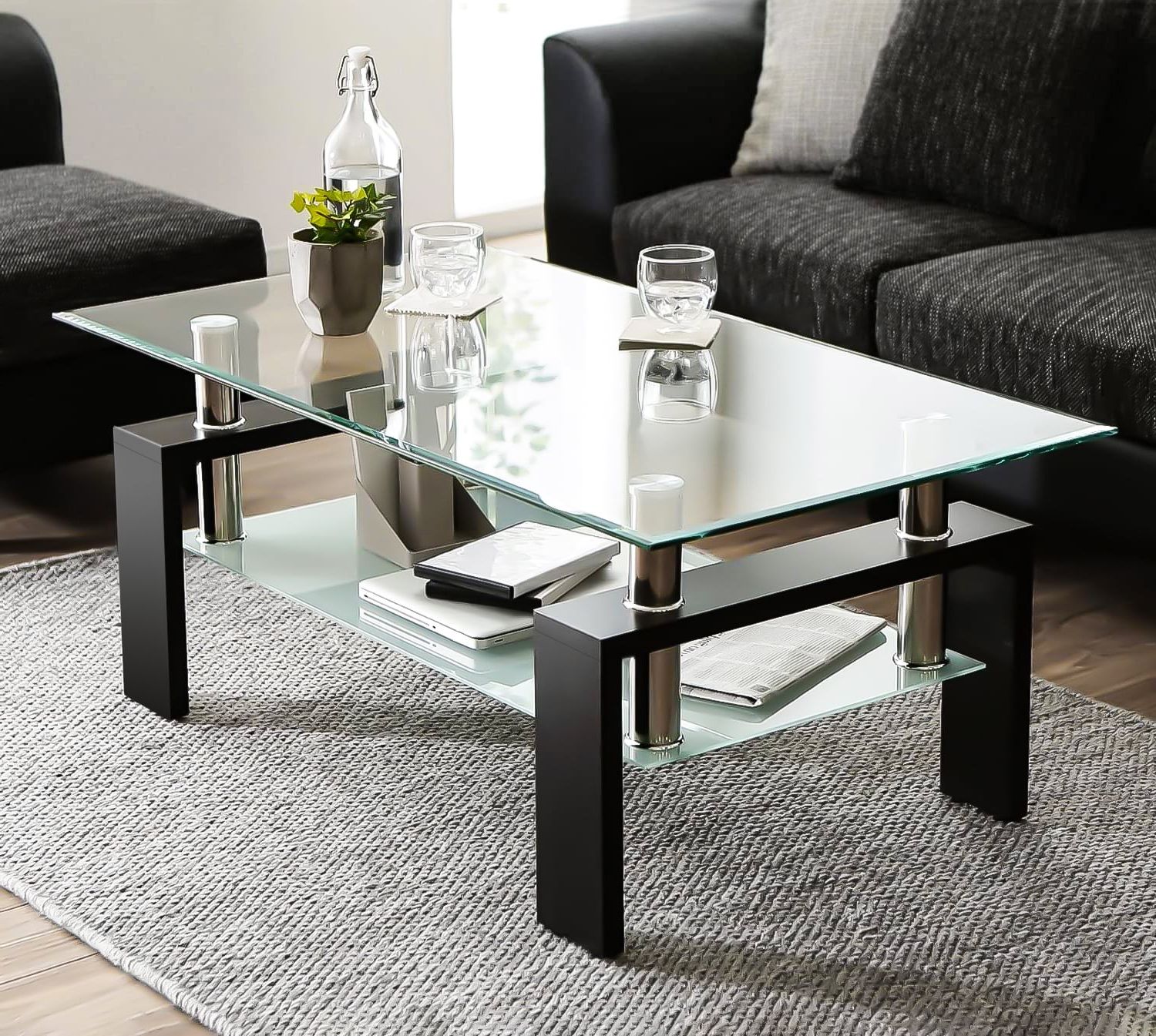 Current Glass Coffee Table With Lower Shelf, Clear Rectangle Glass Coffee Table,  Modern Coffee Table With Metal Legs, Rectangle Center Table Sofa Table Home  Furniture For Living Room, L5509 – Walmart In Clear Rectangle Center Coffee Tables (View 4 of 10)