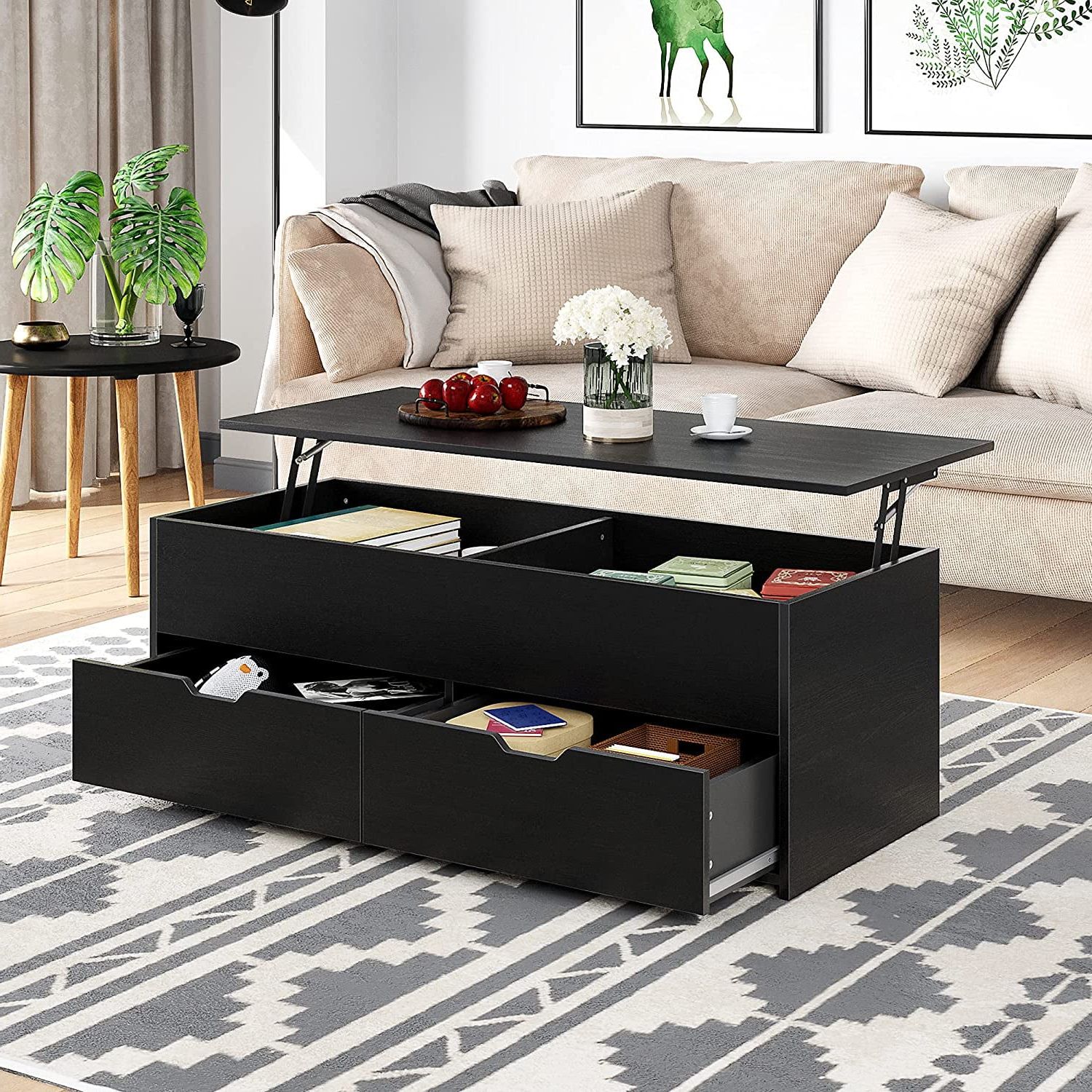 Current Lift Top Coffee Tables With Storage Drawers Within Homefort 45.3" Wood Lift Top Coffee Table With 2 Drawers And Hidden  Compartment, Cocktail Table, Black – Walmart (Photo 5 of 10)