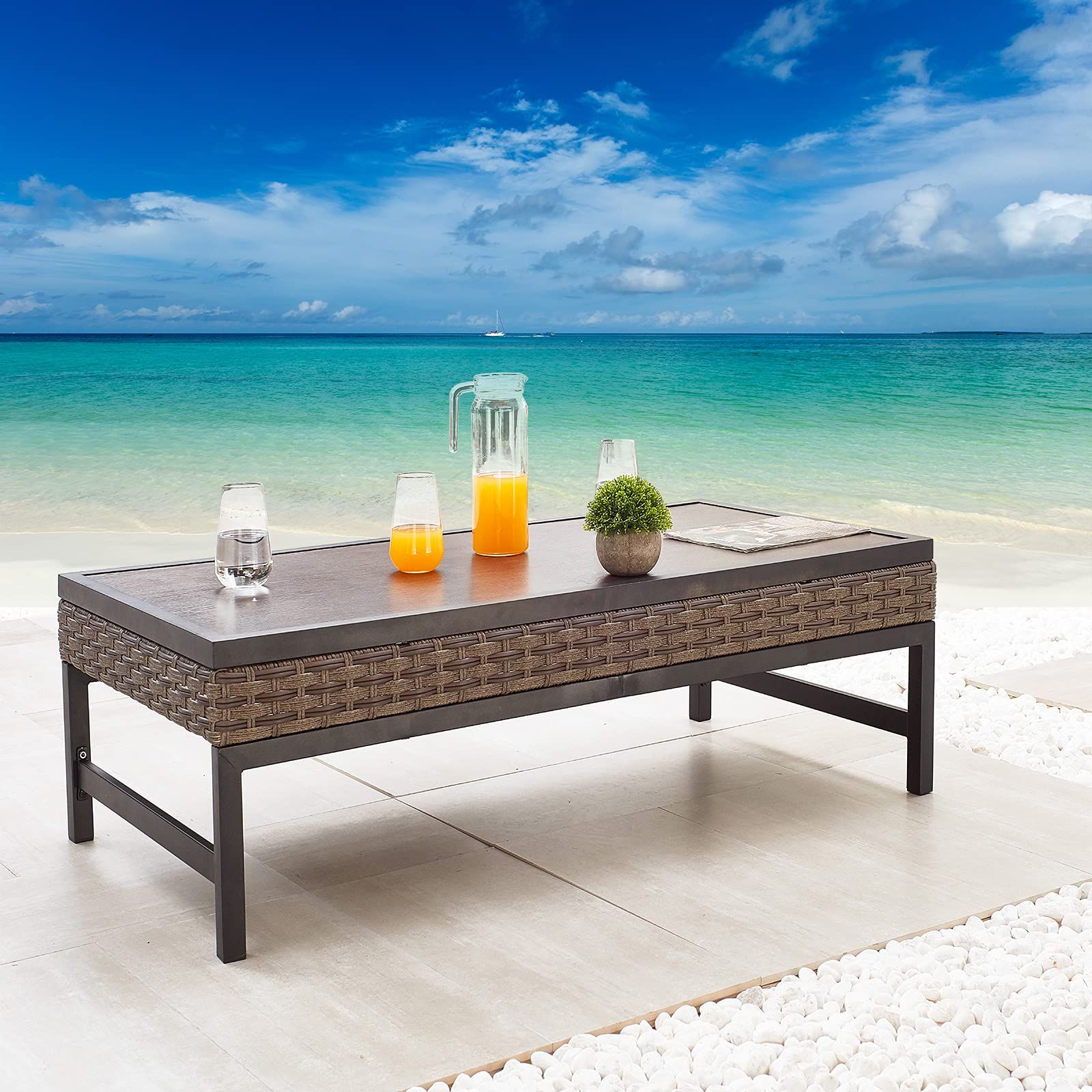 Current Natural Outdoor Cocktail Tables For Amazon: Sports Festival Patio Coffee Side Table Outdoor Furniture With  Wood Grain Tabletop, All Weather Wicker Rattan And Metal Frame For Deck  Porch Poolside Garden : Patio, Lawn & Garden (Photo 8 of 10)