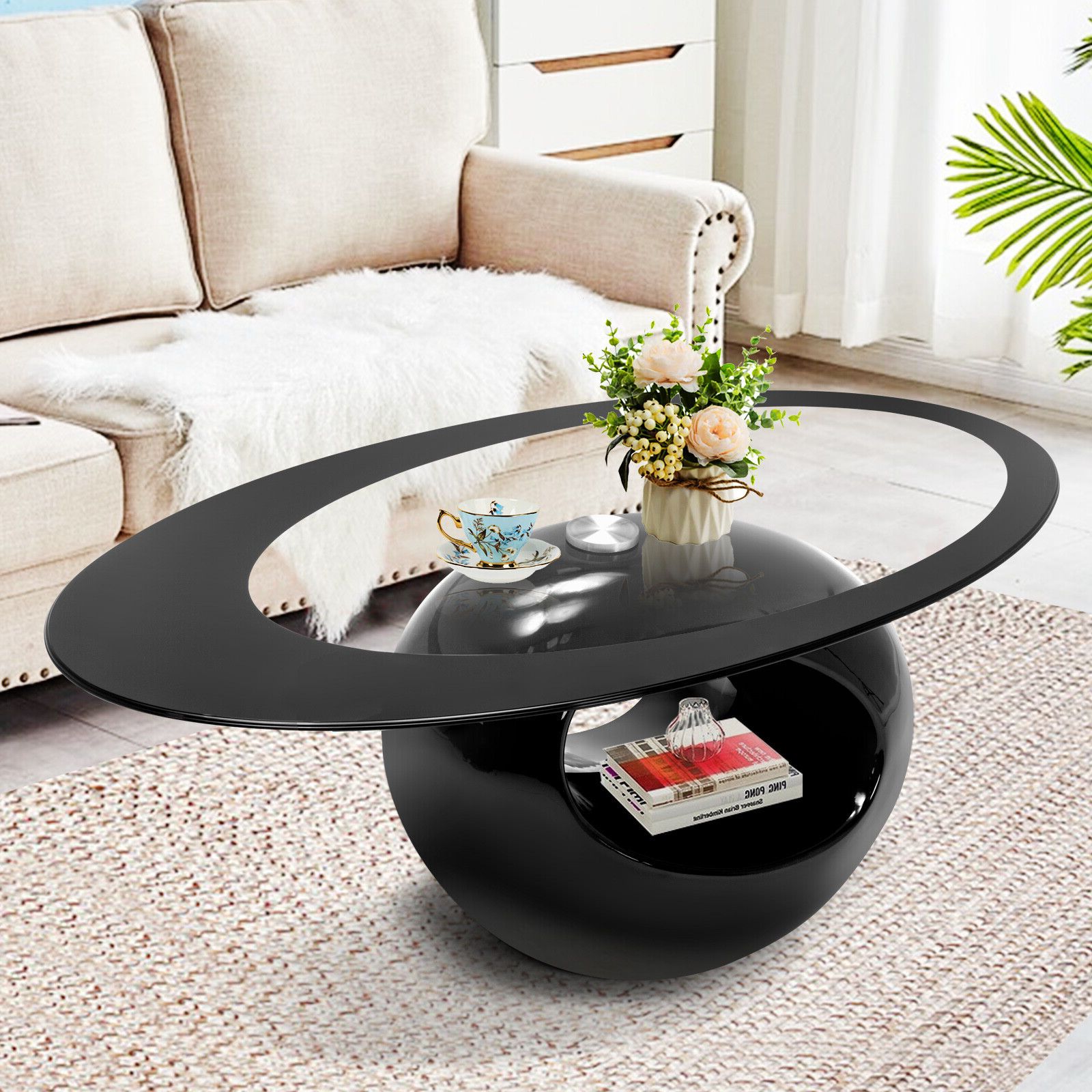 Current Oval Glass Coffee Tables Intended For Minimalistic Black High Gloss Oval Glass Coffee Table Hollow Storage Living  Room (View 8 of 10)