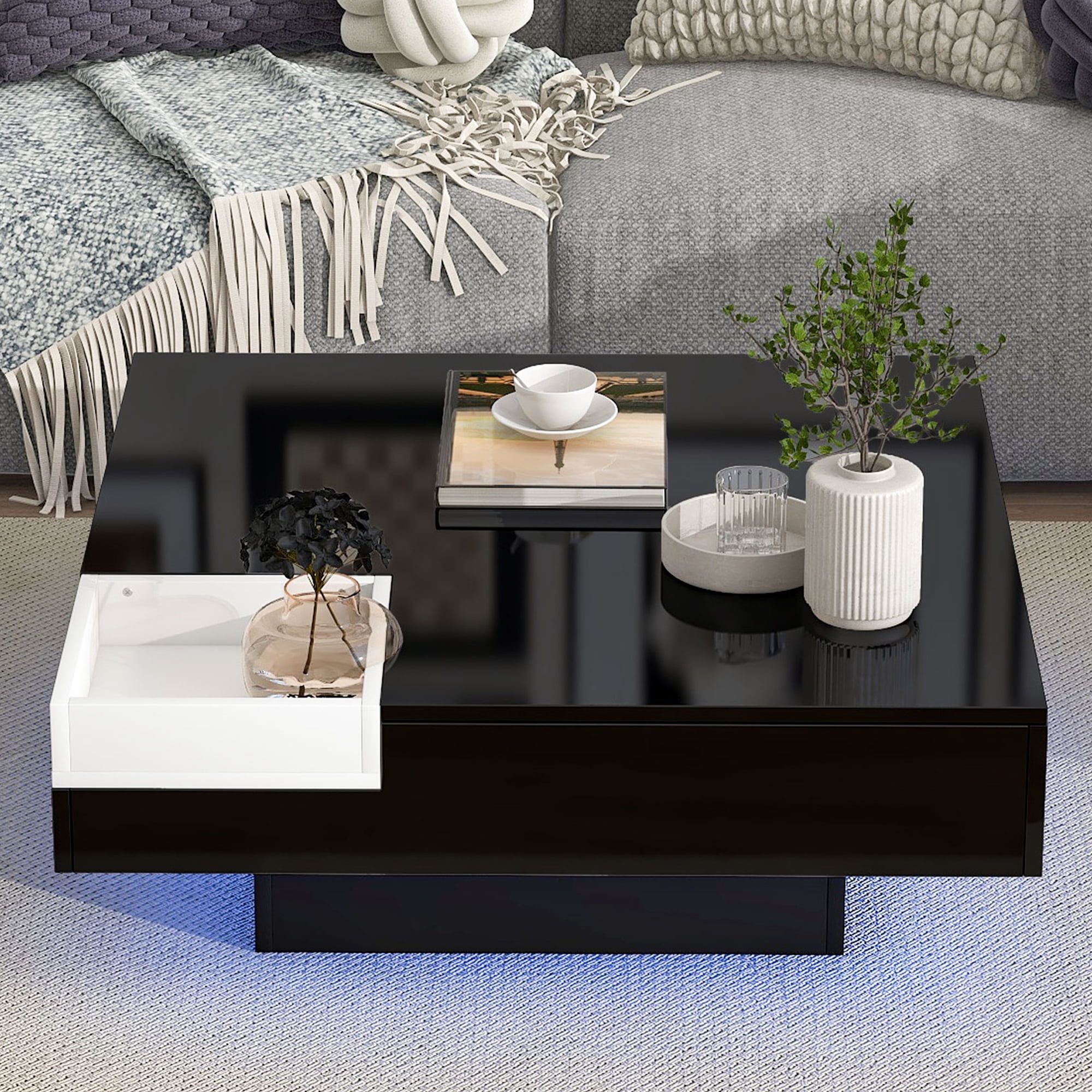 Detachable Tray Coffee Tables For Famous Hsunns Black Led Coffee Table With Detachable Tray, Modern High Glossy  Center Table, Square Cocktail Table, Wooden Living Room Table With 16  Colors Led Lights, Contemporary Living Room Furniture – Walmart (Photo 5 of 10)