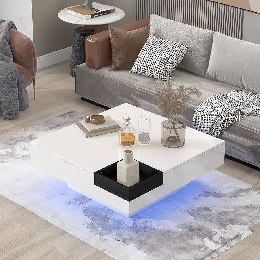 Detachable Tray Coffee Tables Regarding Widely Used Amazon: White Square Coffee Table With Led Light, Detachable Tray And  Plug In 16 Color Led Lights Remote Control For Livingroom, Modern  Minimalist Design : Tools & Home Improvement (Photo 1 of 10)