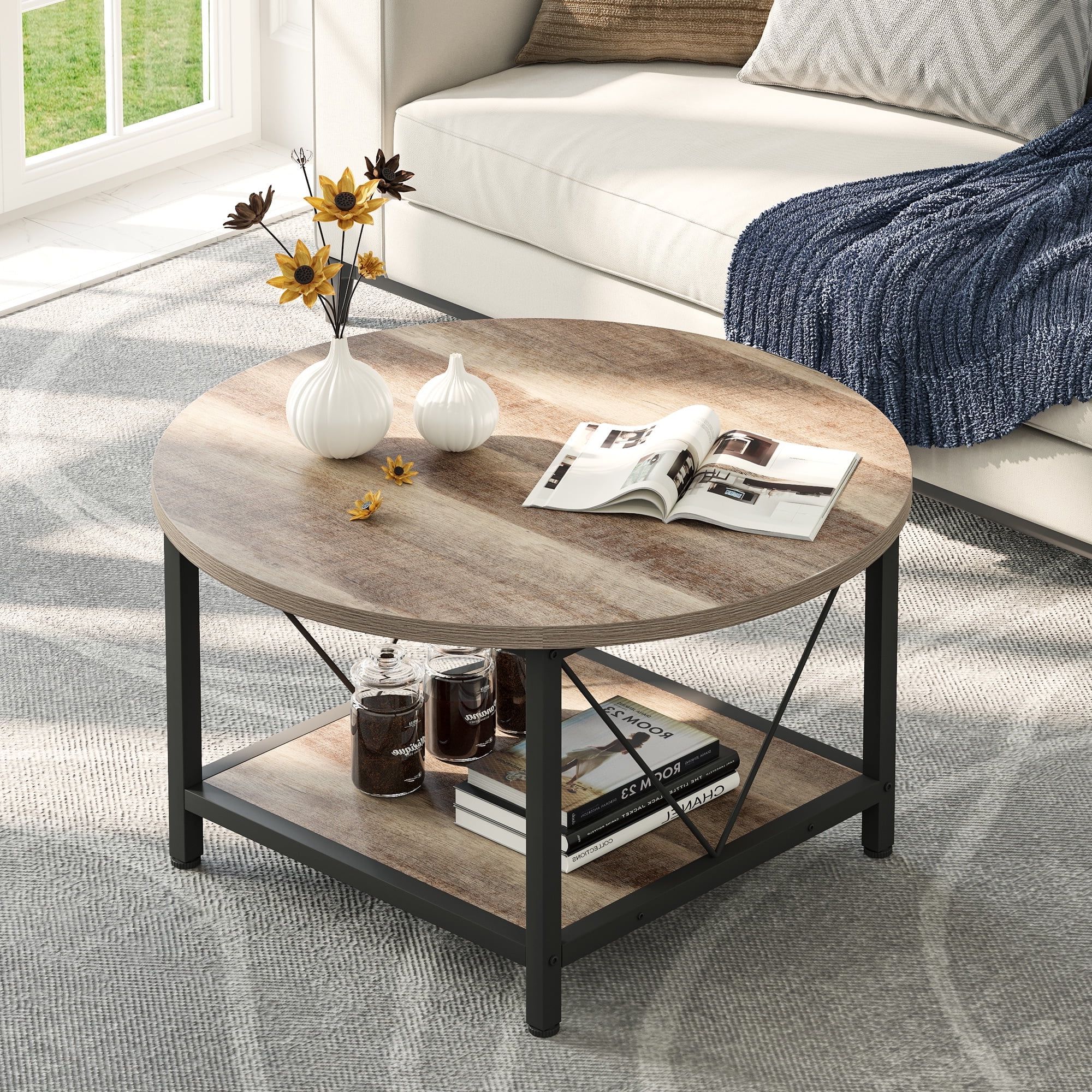 Dextrus Round Coffee Table With Storage, Rustic Living Room Tables With  Sturdy Metal Legs, Gray Wash – Walmart Throughout Most Recent Coffee Tables With Metal Legs (View 7 of 10)