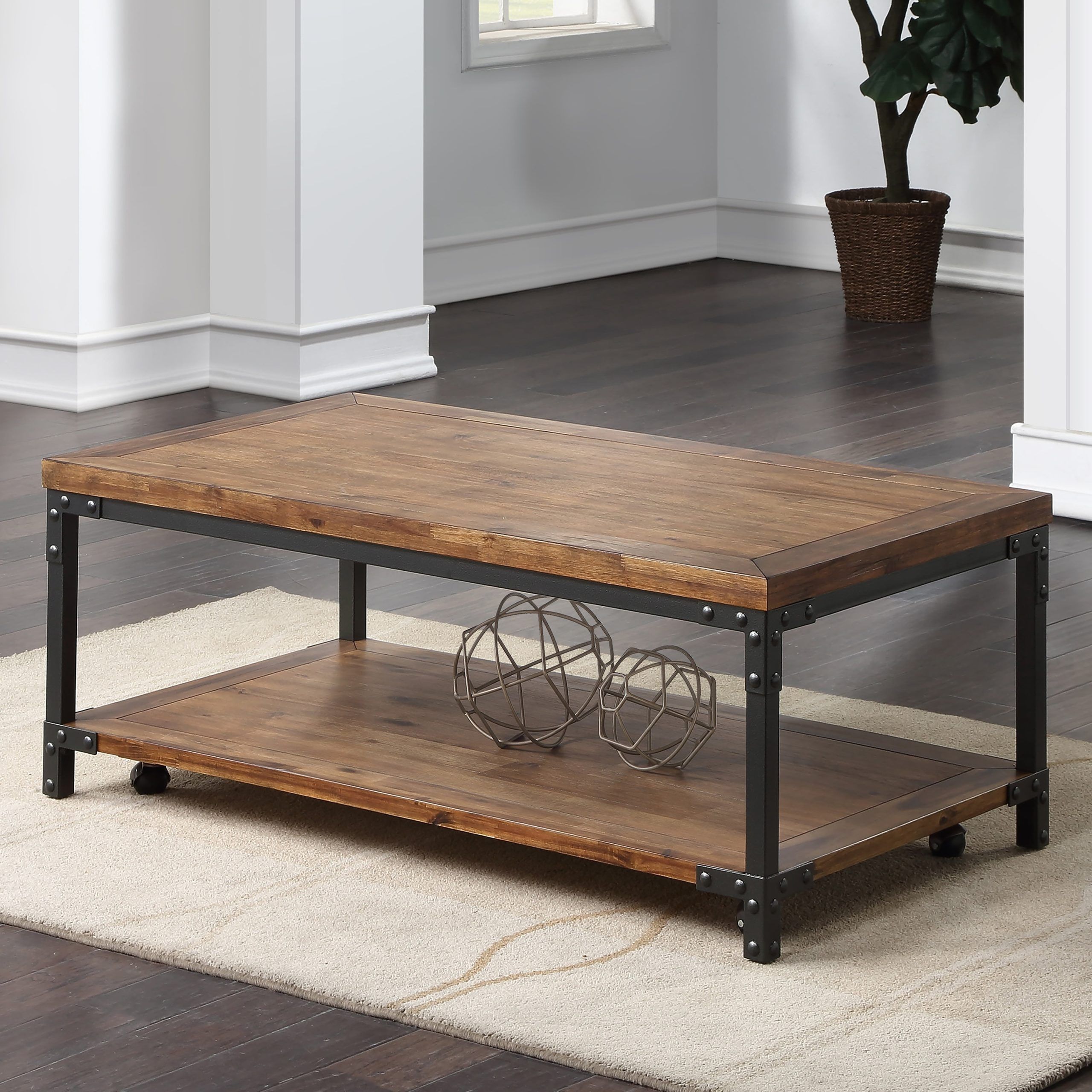 Famous Coffee Tables With Casters Within Greyson Living Leyburn Industrial Wood And Metal Coffee Table With Casters – Walmart (View 9 of 10)