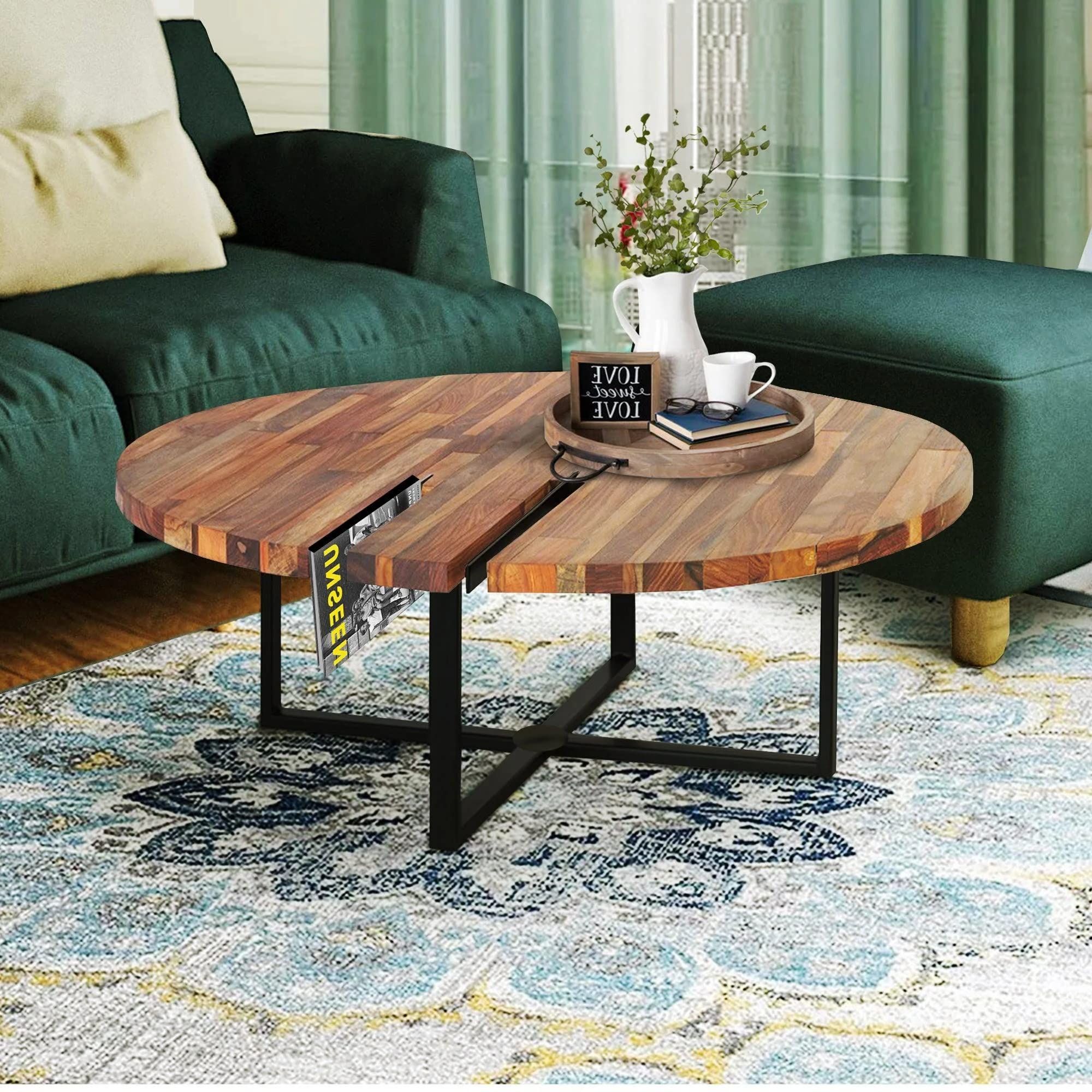 Famous Coffee Tables With Round Wooden Tops Regarding 36 Inches Round Wooden Top Coffee Table With Metal Base : Amazon.ca: Home (Photo 8 of 10)