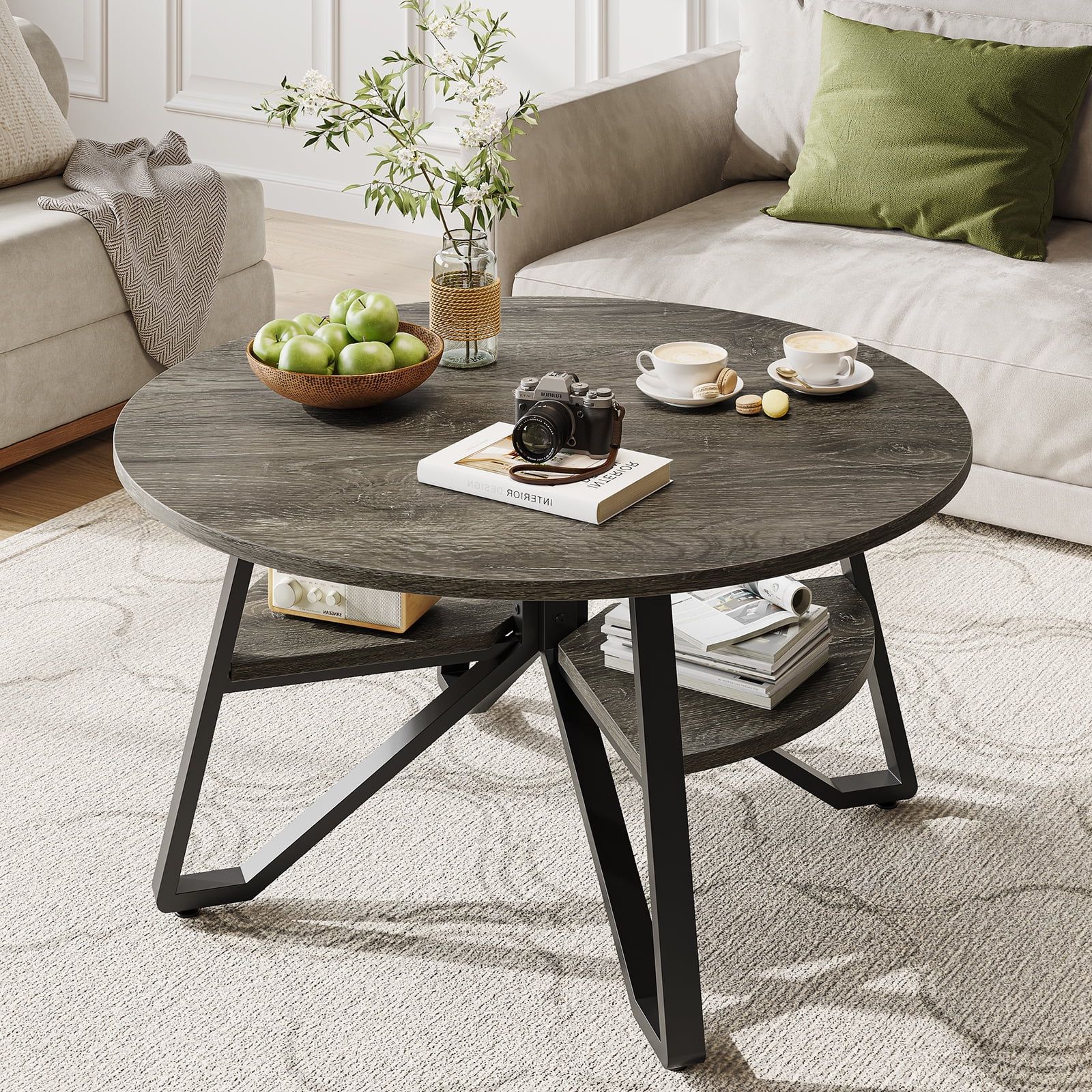 Famous Round Coffee Tables With Storage Throughout Bestier Round Coffee Table With Storage, Living Room Tables With Sturdy  Metal Legs, Black Marble – Walmart (Photo 9 of 10)