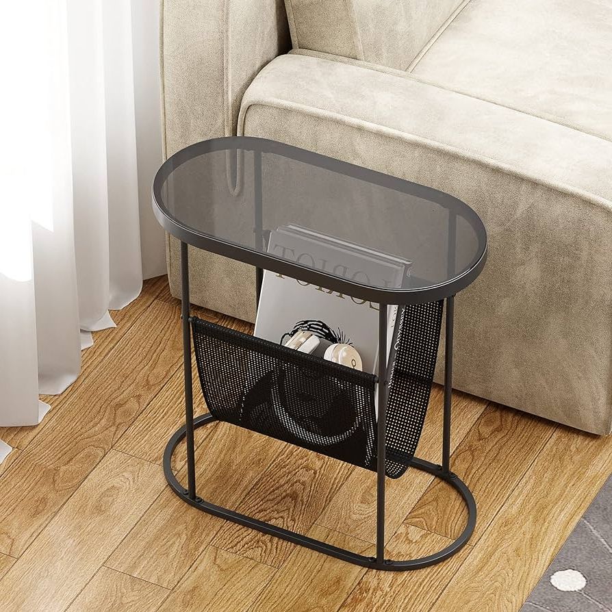 Famous Yusong Tempered Glass End Table For Small Space, Narrow Oval Side Tables  Living Room, Little Skinny Bedside Table Slim Nightstand With Magazine  Holder For Bedroom, Black : Amazon.co.uk: Home & Kitchen Pertaining To Tempered Glass Oval Side Tables (Photo 7 of 10)