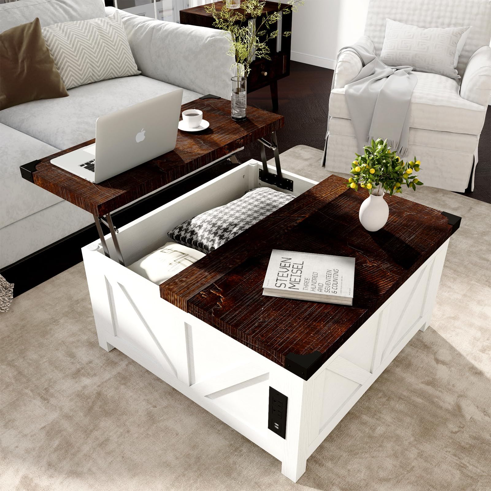 Farmhouse Lift Top Tables In Best And Newest Amazon: Jimeimen Farmhouse Lift Top Coffee Table With Storage, Wood  Square Center Table With Charging Station&usb Ports, Living Room Central  Table W/large Hidden Space, For Living Room, Bedroom, Home Office : Home (Photo 7 of 10)