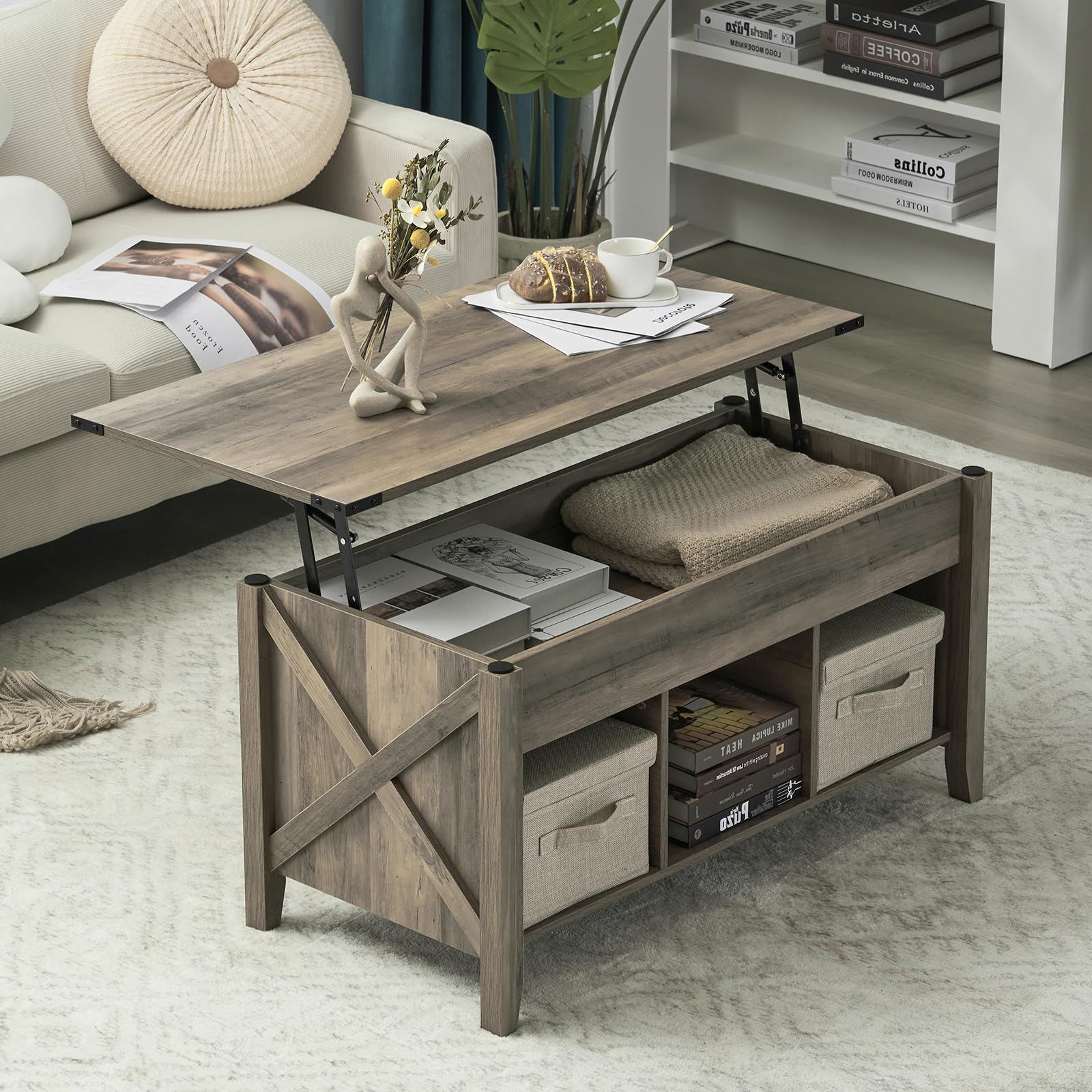 Farmhouse Lift Top Tables Intended For Most Current Vingli Farmhouse Lift Top Coffee Table, Rustic Grey Coffee Table With Lift  Top, Lift Up Pop (Photo 5 of 10)