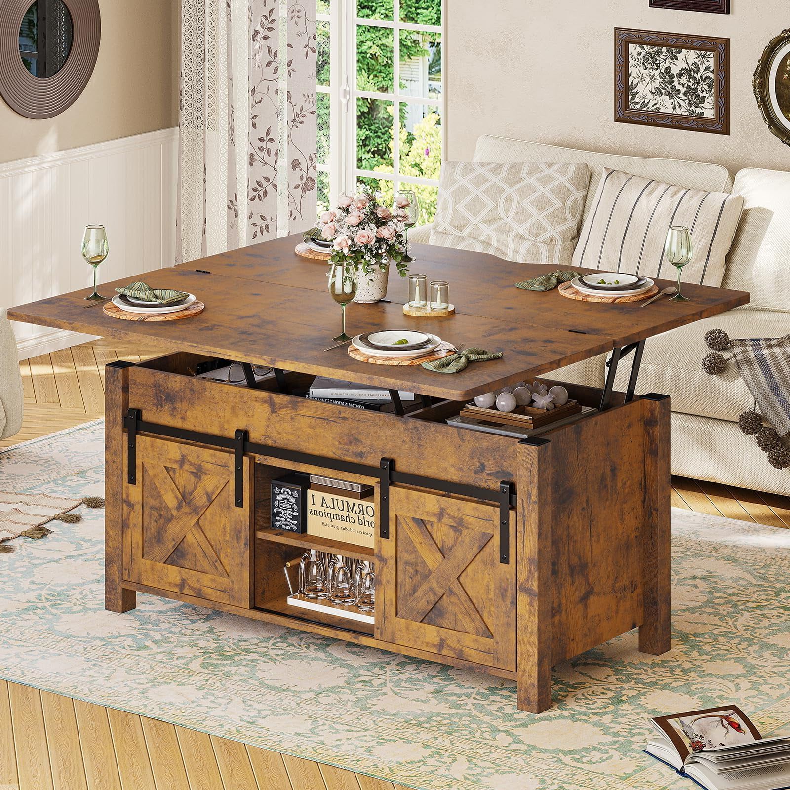 Farmhouse Lift Top Tables Throughout Well Known Coffee Table For Living Room, Farmhouse Lift Top Coffee Tables With Storage  And Hidden Compartment, Rising Tabletop Center Table For Living Room  Reception Room, Rustic Brown – Walmart (View 10 of 10)