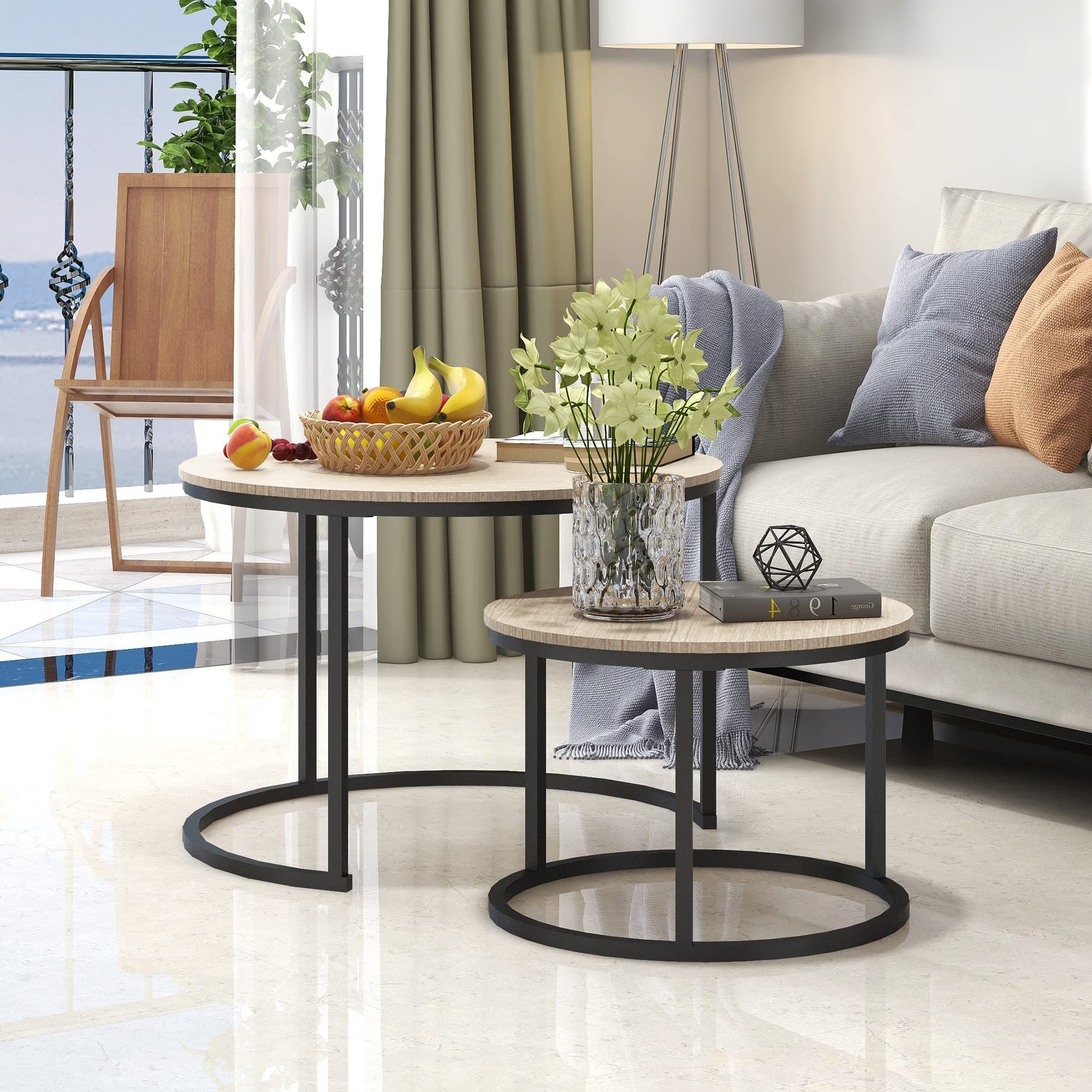 Fashionable Bofeng Round Coffee Tables Set Of 2 Stacking End Side Tables With Sturdy Steel  Metal Frame, Living Room Tables,sofa Tea Table For Small Space,natural Oak  : Amazon.co.uk: Home & Kitchen With Regard To Round Coffee Tables With Steel Frames (Photo 4 of 10)