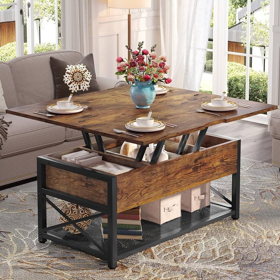 Fashionable Lift Top Coffee Tables With Itaar 43" Lift Top Coffee Table, 3 In 1 Multi Function Coffee Table With  Storage For Living Room, Small Coffee Table For Dining Reception Room,  Rustic Brown : Amazon.co (View 3 of 26)